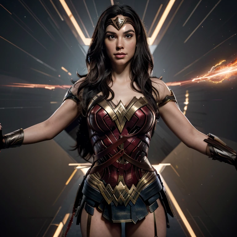 Generate an action-packed image featuring Wonder Woman engaged in a dynamic battle with WandaVision. Envision a powerful clash between the two characters, each showcasing their unique abilities. Request detailed expressions, distinctive poses, and a vibrant background that captures the intensity of their confrontation. Consider specifying costume details and any additional elements to enhance the overall visual impact of the scene.