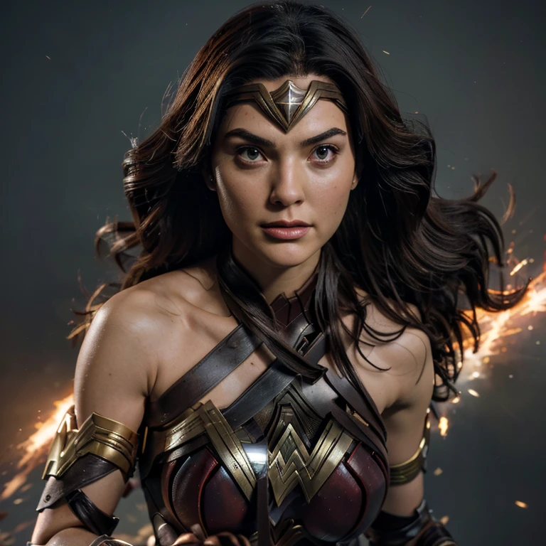 Generate an action-packed image featuring Wonder Woman engaged in a dynamic battle with WandaVision. Envision a powerful clash between the two characters, each showcasing their unique abilities. Request detailed expressions, distinctive poses, and a vibrant background that captures the intensity of their confrontation. Consider specifying costume details and any additional elements to enhance the overall visual impact of the scene.