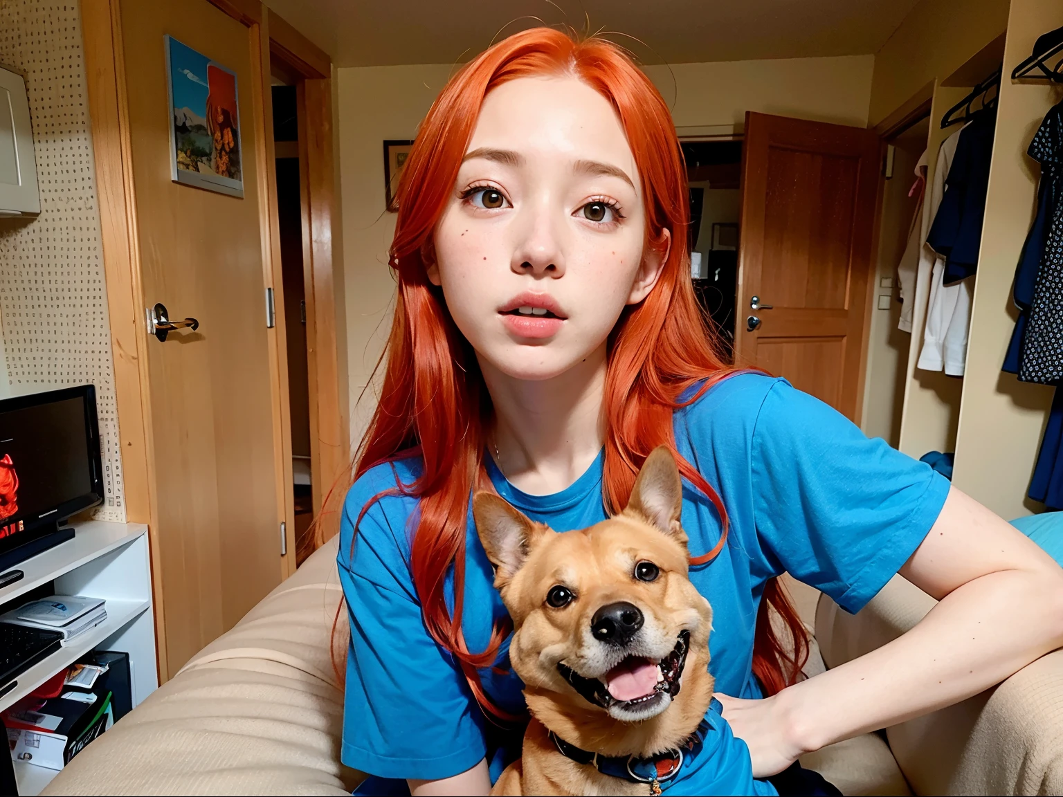 arafed woman with red hair and a blue shirt sitting on a bed with a dog, she has long redorange hair, orange hair, bright orange hair, she has long orange brown hair, long orange hair, anime girl in real life, red dyed hair, with red hair, anime inspired, with long red hair, orange glowing hair