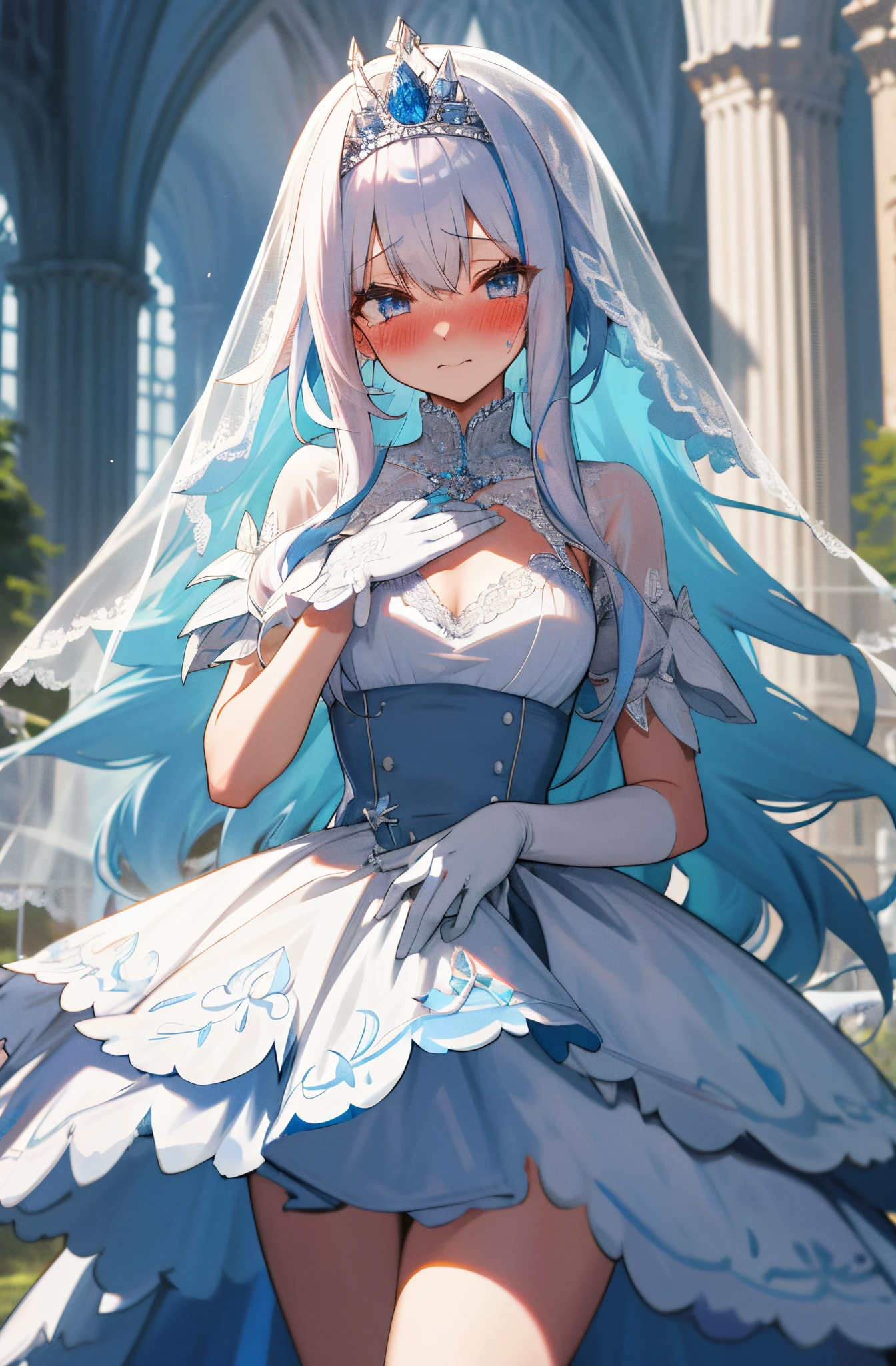 One girl with long curly hair, white hair, blue inner hair, looking at viewer, blushing, embarrassed, tears, outdoor, castle behind, tiara, wedding dress, bridal veil, lace gloves, dizzy, mid-chest, perfect waist, spread legs, day atmosphere, hair ornament, standing, Bouquet