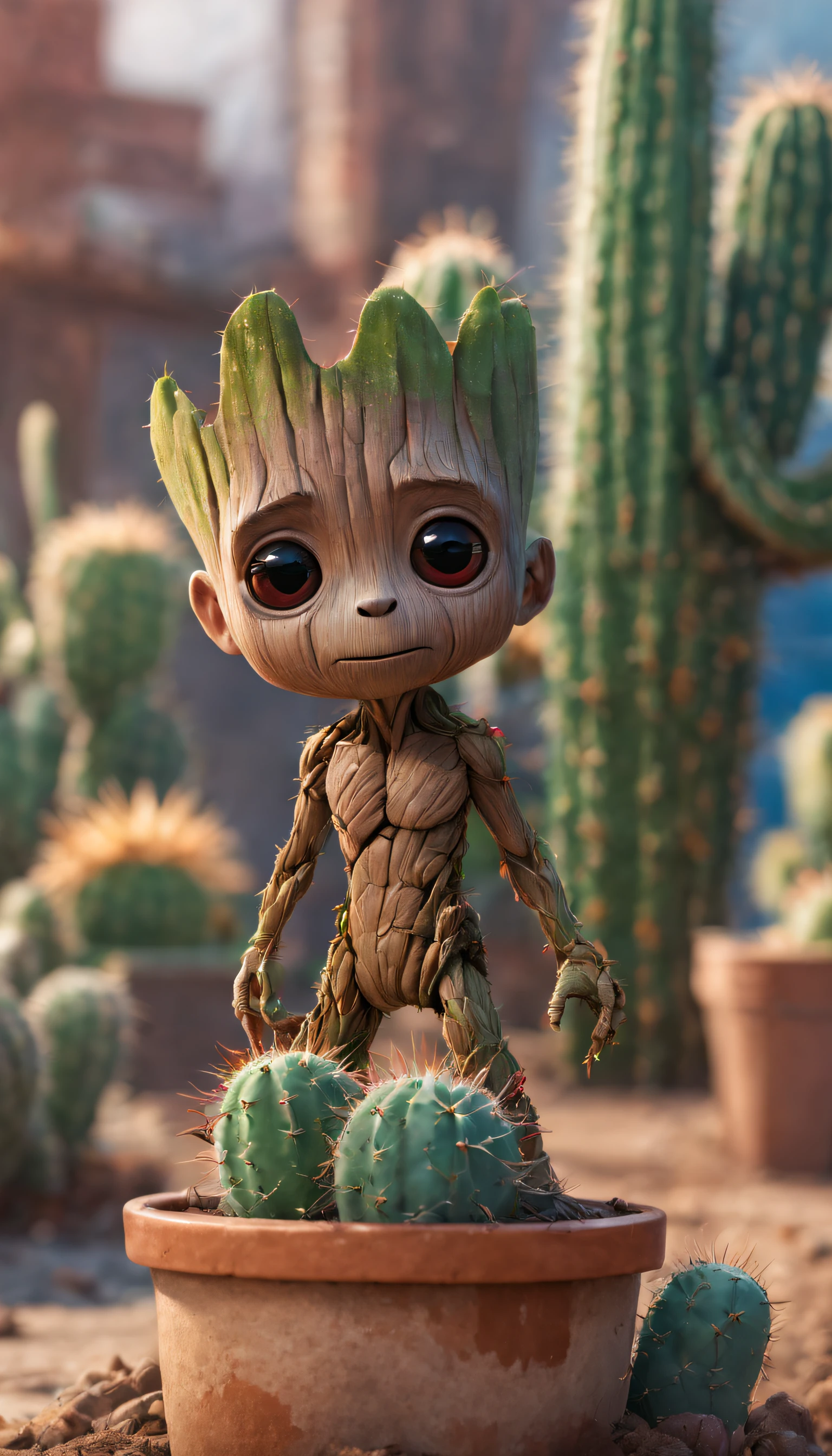 Baby Groot and Pixar Cactus,Eyes colorful,There are leaves on the head, in the style of photographically detailed portraitures, ZBrush, Yevgeny Gordits, Ultra high-definition images, Oleg Shuplyak, Michael Page, Dream Street--ar 9:16