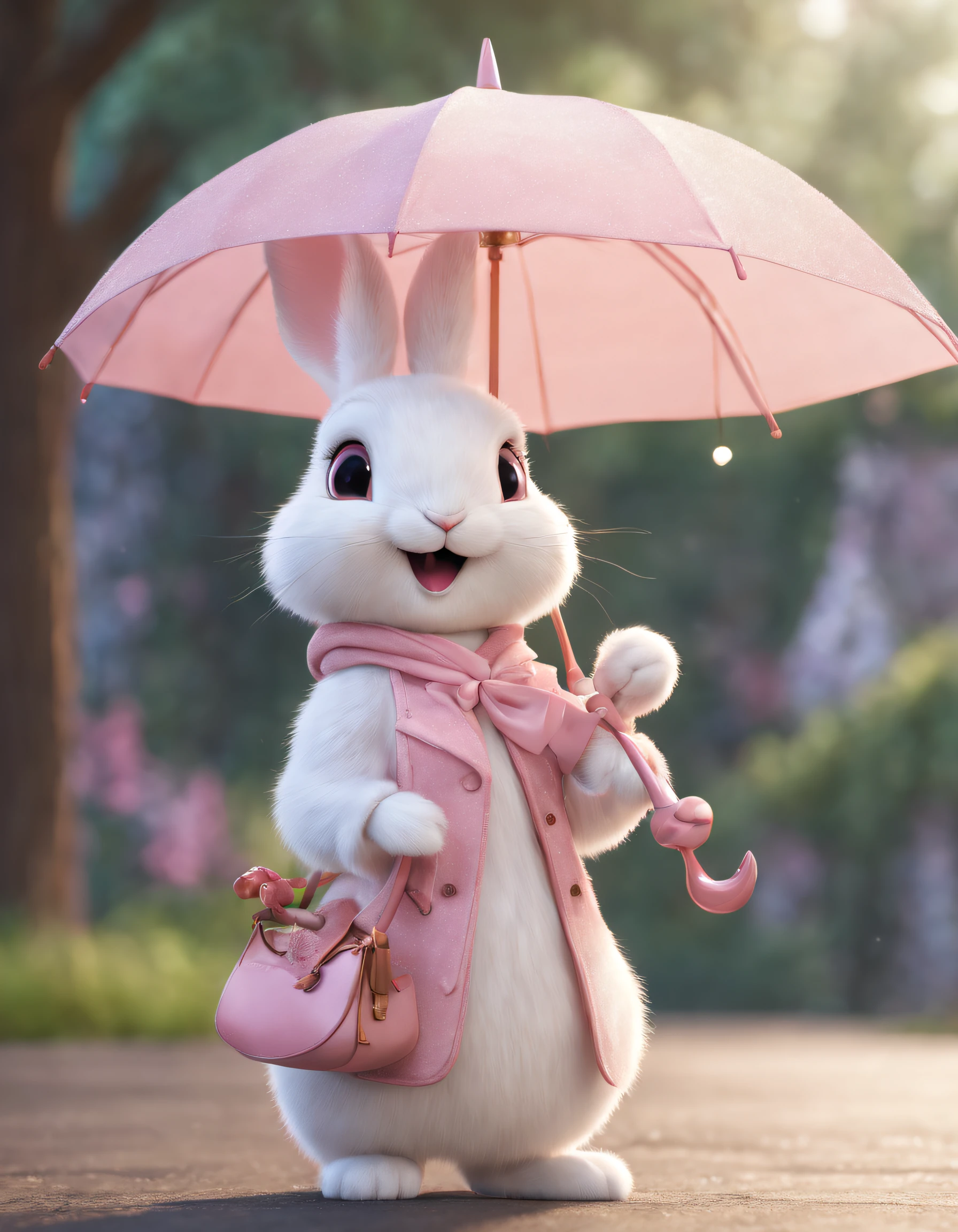 light background color, 3D rendering, a super cute light pink and white Pixar style fairy tale rabbit, holding an umbrella in hand, singing, smiling, sweet smile, lovely smile, with two lovely ears, sparkling fur, bright big eyes, fluffy hair, dressed in exquisite clothing, delicate and delicate, fairy tale, incredibly high detail, Pixar style, bright colors, natural light, full body portrait, 5 and ctane renderings --ar 3:4 --v 4