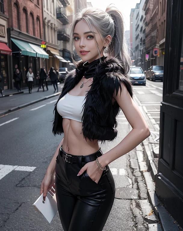 Masterpiece, 8K, photorealistic, ultra realistic, (1girl, solo),
_ 
the most beautiful, European Gravure idol, 24 years old, 170 cm, (((large breasts:1.2))), (((slender waist, toned thighs, toned arms):1.3)), ((small head, small face:1.2)), diamond Face, small nose, (small mouth), Sharp Faceline, 
_ 
BREAK (under body, wide shot):1.4), walking, from side, look at viewer, Focus foot, 
_ 
(black theme and White), Inorganic, Inorganic concrete studio with window, small window, gray concrete block, highly, blur, blur background, front lightning, Cinematic lighting,
_ 
BREAK ((big eyes, Double eyelid, tareme, droopy eyes):1.3), ((smile, small lips, teeth:1.3)), (mole under eye:1.2), (Perl White teeth), ((gray hair)), short hair, (ponytail), asymmetrical hair, (Aqua eyes:1.4), light makeup, thin eyebrow, shiny skin, detailed skin, detailed face, (detailed face skin), perfect eyes, (detailed eyes:1.3), shiny hair, ultra-detailed fingers,
_ 
BREAK ((dark coat, detective coat, longcoat, ƒ/8, composite, worn black coat, felt, photographed, dark artslabcoats)), (with black High neck Fur sweater:1.4), (black skinny pants:1.3), (silver earring, silver bracelet, silver necklace:1.2), raw photo,