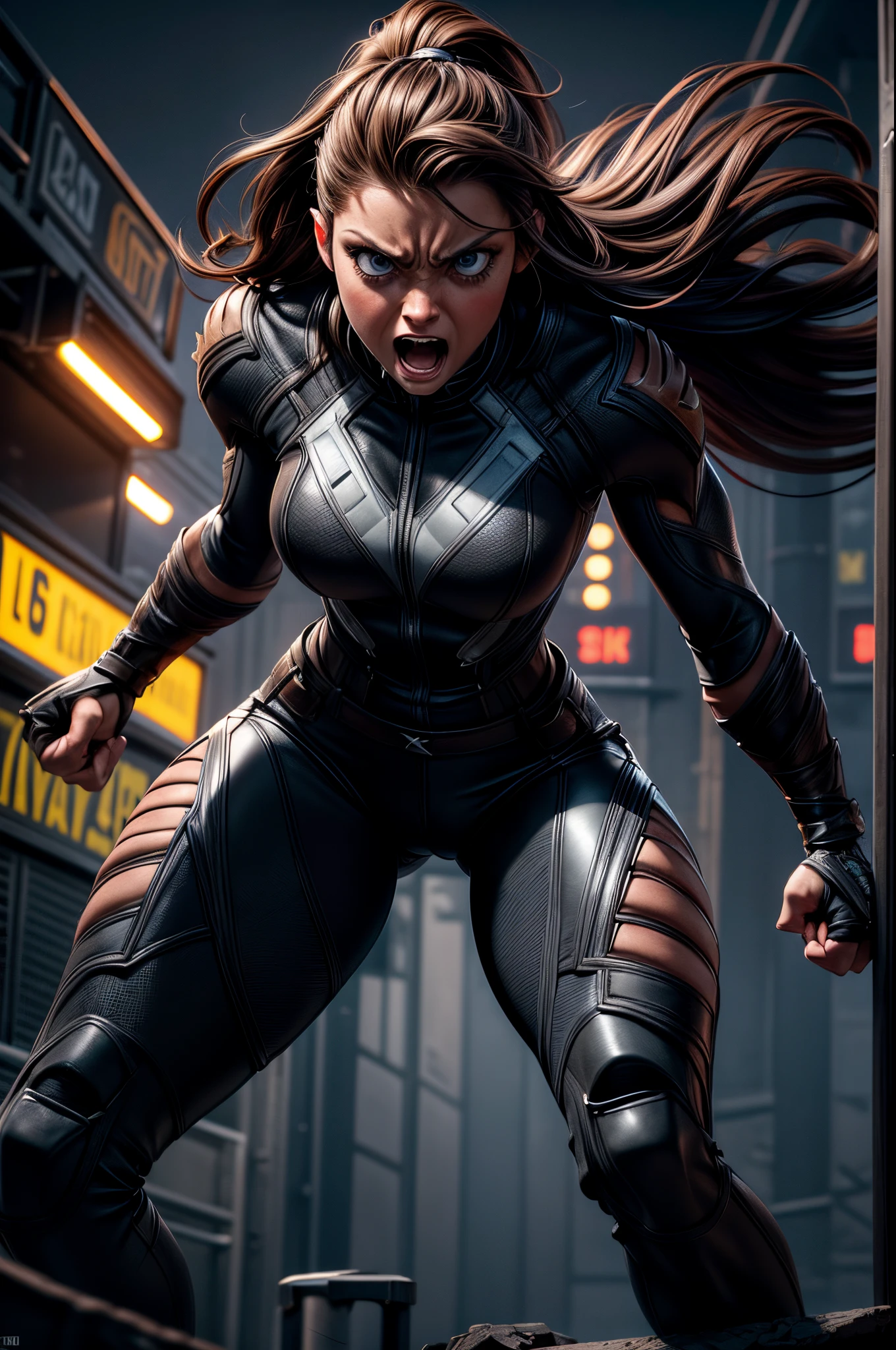 Jeanette McCurdy as a hyperathletic version of a female Wolverine,best quality,4k,8k,highres,masterpiece:1.2,ultra-detailed,realistic:1.37,strong, fierce, agile, muscular, intense eyes, fierce expression, sharp claws, powerful physique, athletic stance, dynamic pose, detailed leather costume, dramatic lighting, intense shadows, gritty texture, cinematic portrait, vibrant colors, dark and moody atmosphere.