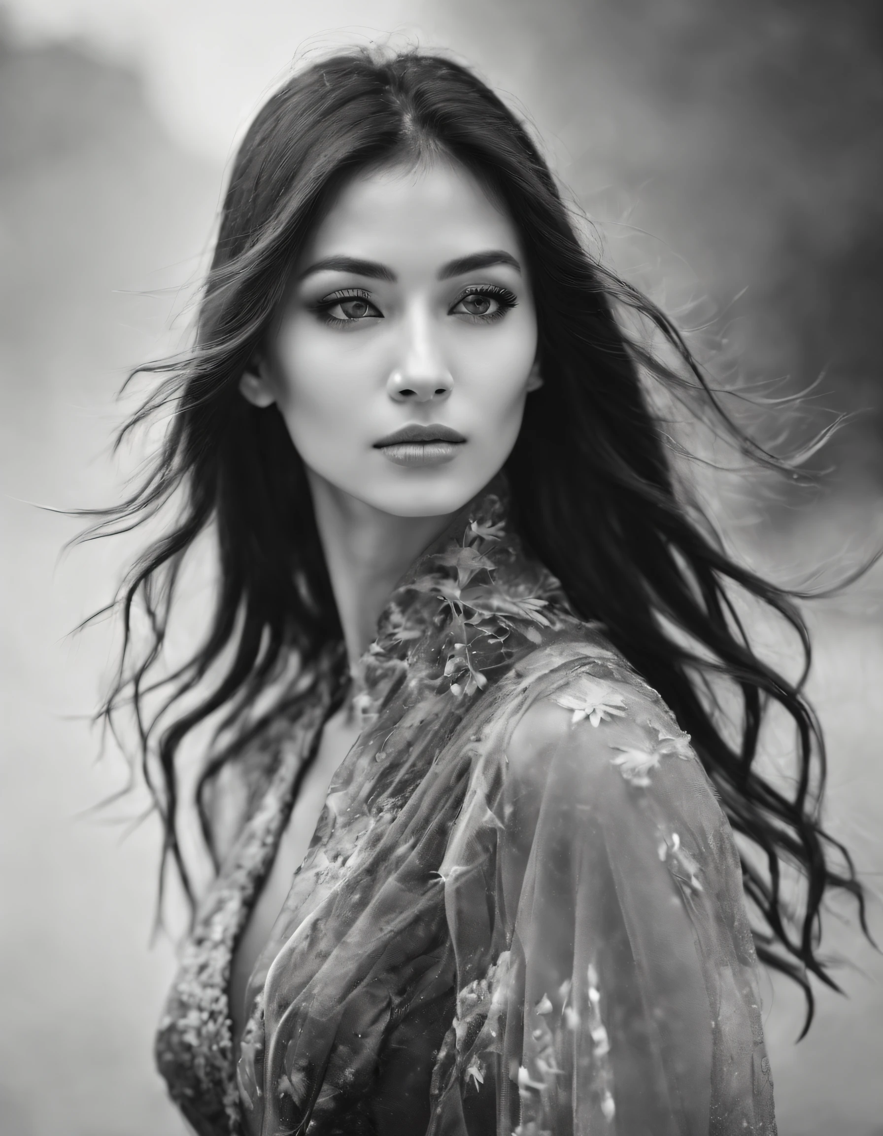 black and white close up profile view of a woman in a complex colorful dress of misty translucent dormant air particles, on white background, professional fashion photography, super macro,hyper detailed texture of wavy long hair, poster like, japanese minimalism::1, tilt-shift on hands and face, nikon, hasselblad, canon, fujifilm, 8k, 16, 32k, --ar 9:16 --q 2 --v 5.1 --s 750