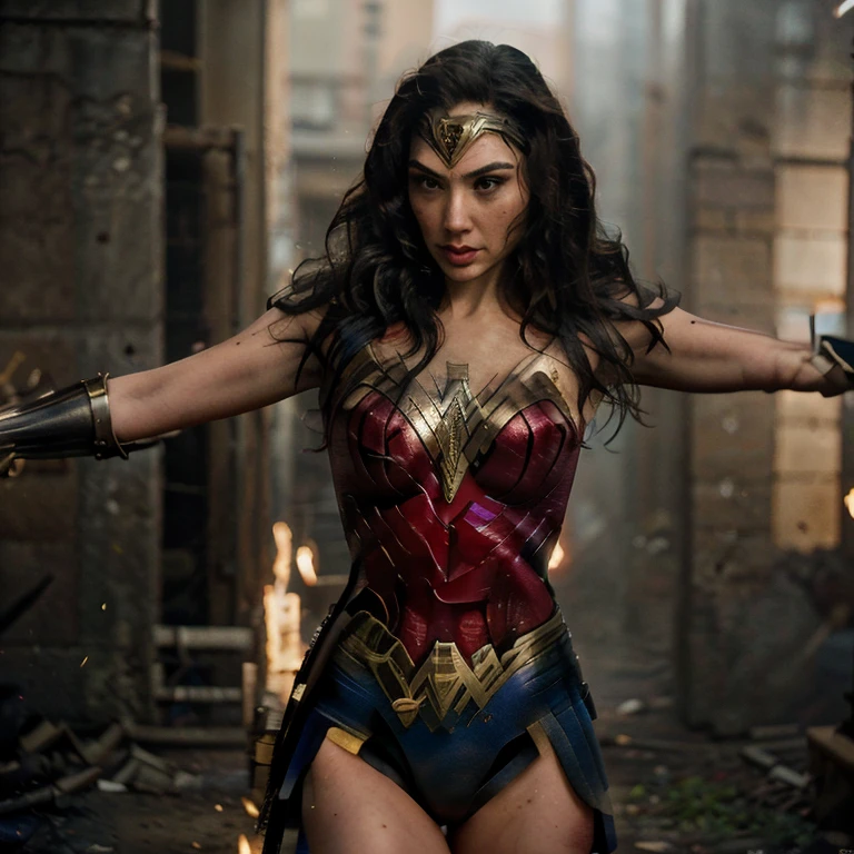 Generate an action-packed image featuring Wonder Woman engaged in a dynamic battle with WandaVision. Envision a powerful clash between the two characters, each showcasing their unique abilities. Request detailed expressions, distinctive poses, and a vibrant background that captures the intensity of their confrontation. Consider specifying costume details and any additional elements to enhance the overall visual impact of the scene.