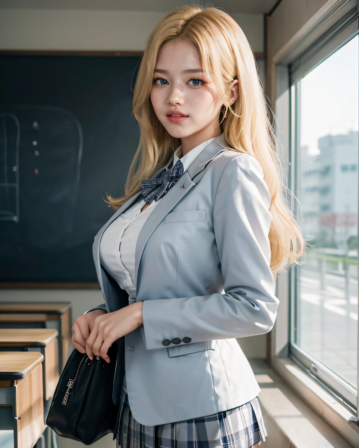 1girl, (Blue eyes), (laughing), (Sana Minatozaki), wide hips, Big Boobs, big ass, (Best Quality, 8k, Masterpiece: 1.3), perfect hands, Clear Focus: 1.2, Perfect Body Beauty: 1.4 , Slender Abs: 1.2, Highly detailed face and skin texture, detailed eyes, double eyelids, (blonde long hair), (white dress shirt :1.2), (gray school blazer), (plaid skirt), ((japanese school uniform)), ((schoolgirl :1.3)), standing dynamic pose, in a japanese classroom, blackboard in the background