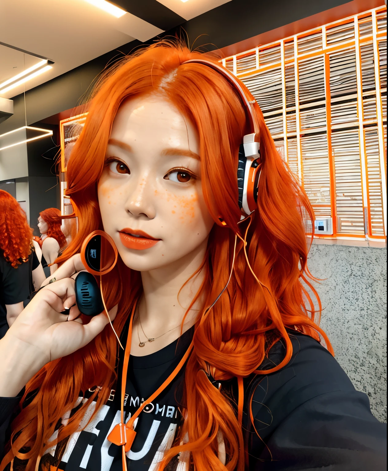 there is a woman with red hair and headphones on, orange hair, bright orange hair, curly copper colored hair, long wavy orange hair, janice sung, orange glowing hair, ginger wavy hair, with curly red hair, messy square vibrant red hair, long orange hair, flowing ginger hair, she has long redorange hair, orange skin and long fiery hair, copper hair