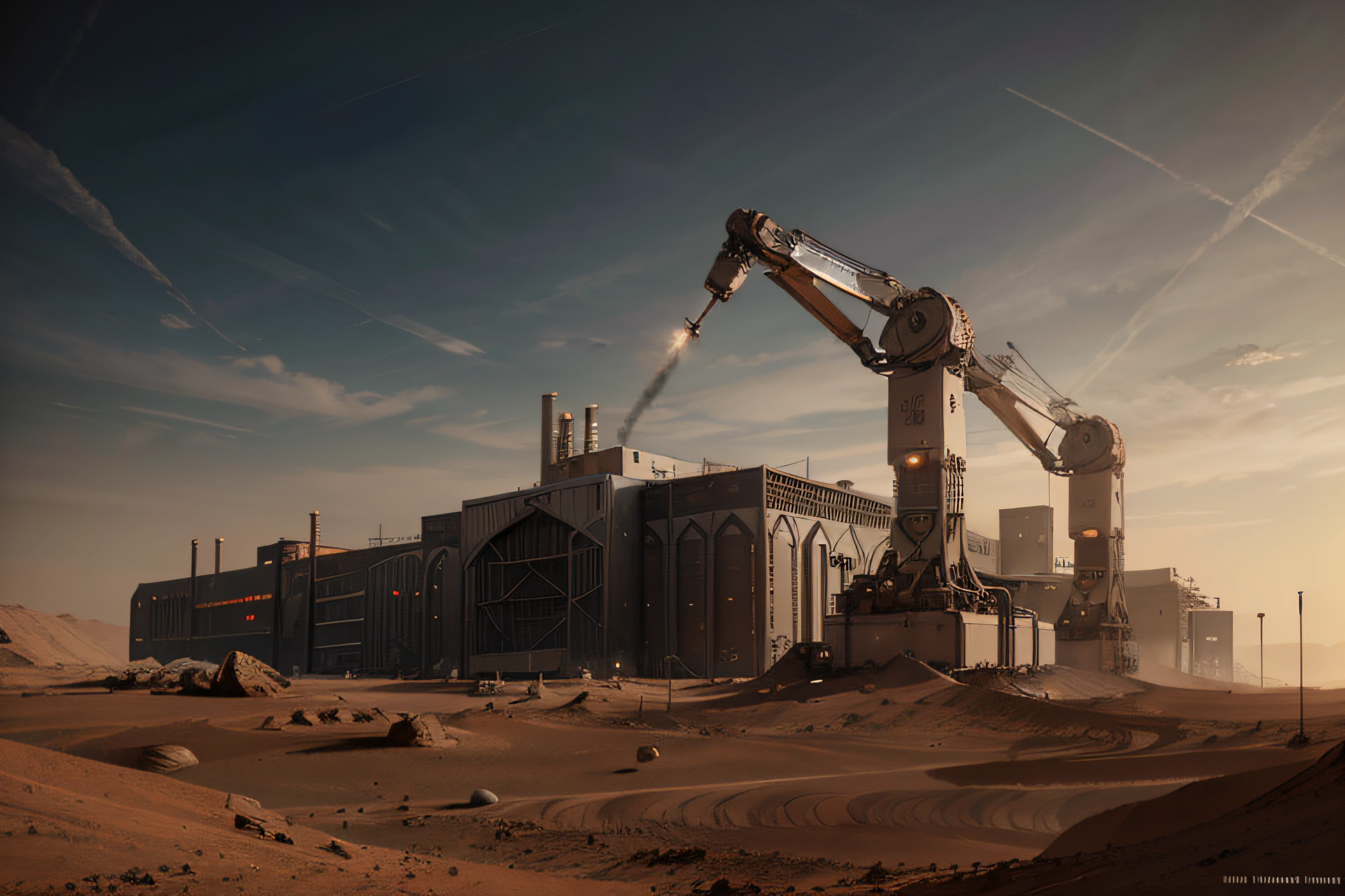 Building a factory on Mars, technological robotic arms, metal details lifelike, ultra-realistic, bright, ultra-wide angle view, ultra-wide angle, high reality, light and dark