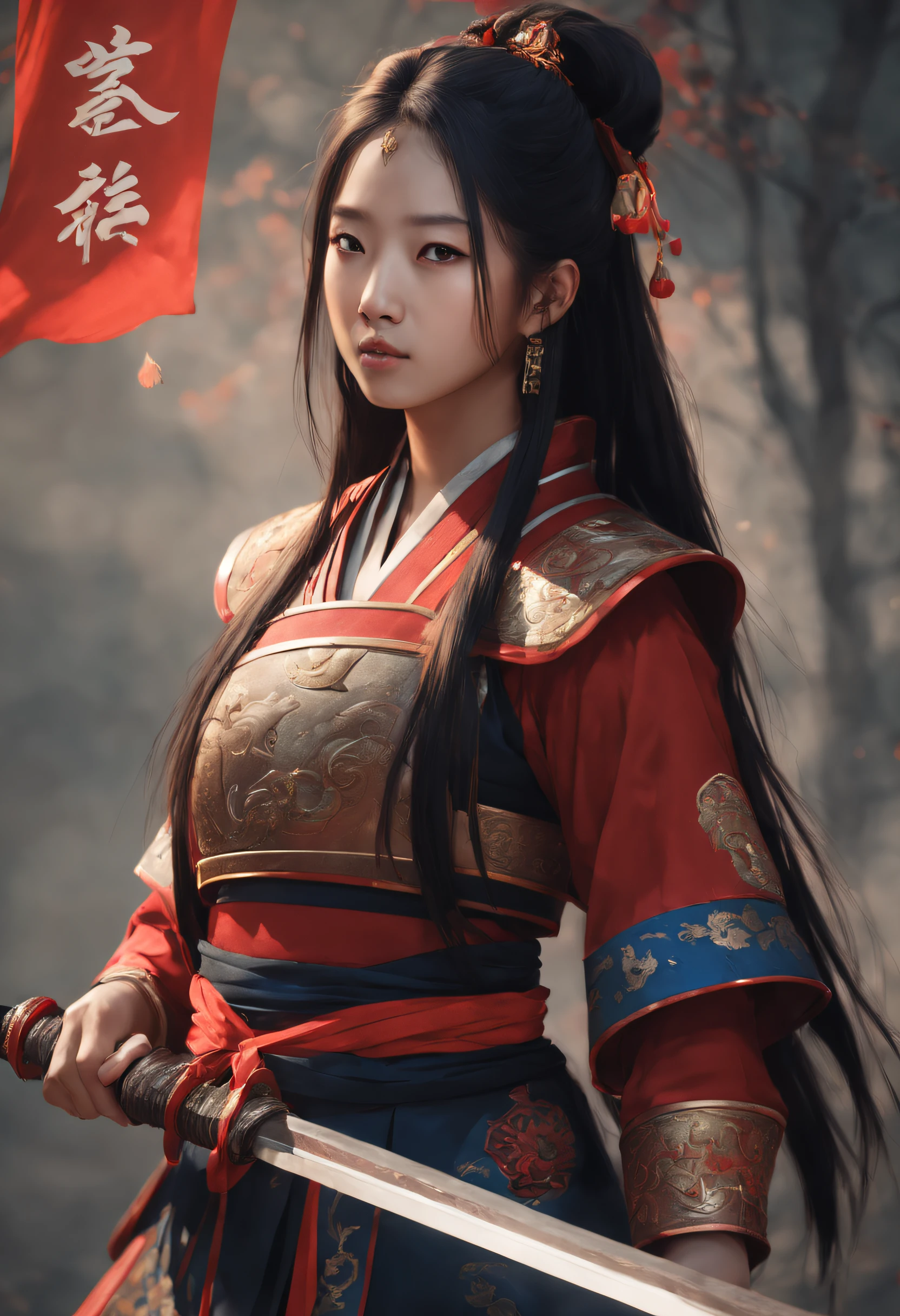((8k portrait of beautiful mixed Asian woman, side profile, masterpice, side lighting)), long hair, detailed light samurai armor, (((blood red armor, black interior)), cinematic lighting, cherry blossoms, ashes, melancholy, award-winning photography, Popular on Deviant Art, Best of ArtStation, by WLOP, outdoor, oriental lighting in fighting position