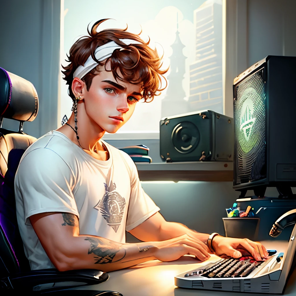 Create Disney Pixar-style cover art where the boy is playing on an all-white gaming PC. The characteristics of the boy are that he looks like he is , he is white, has brown eyes, wears a diamond stone earring, has brown hair but blond at the ends, with bangs wrapped around the forehead and has an oriental dragon tattoo that takes the entire forearm and the dragon's head is in the hand