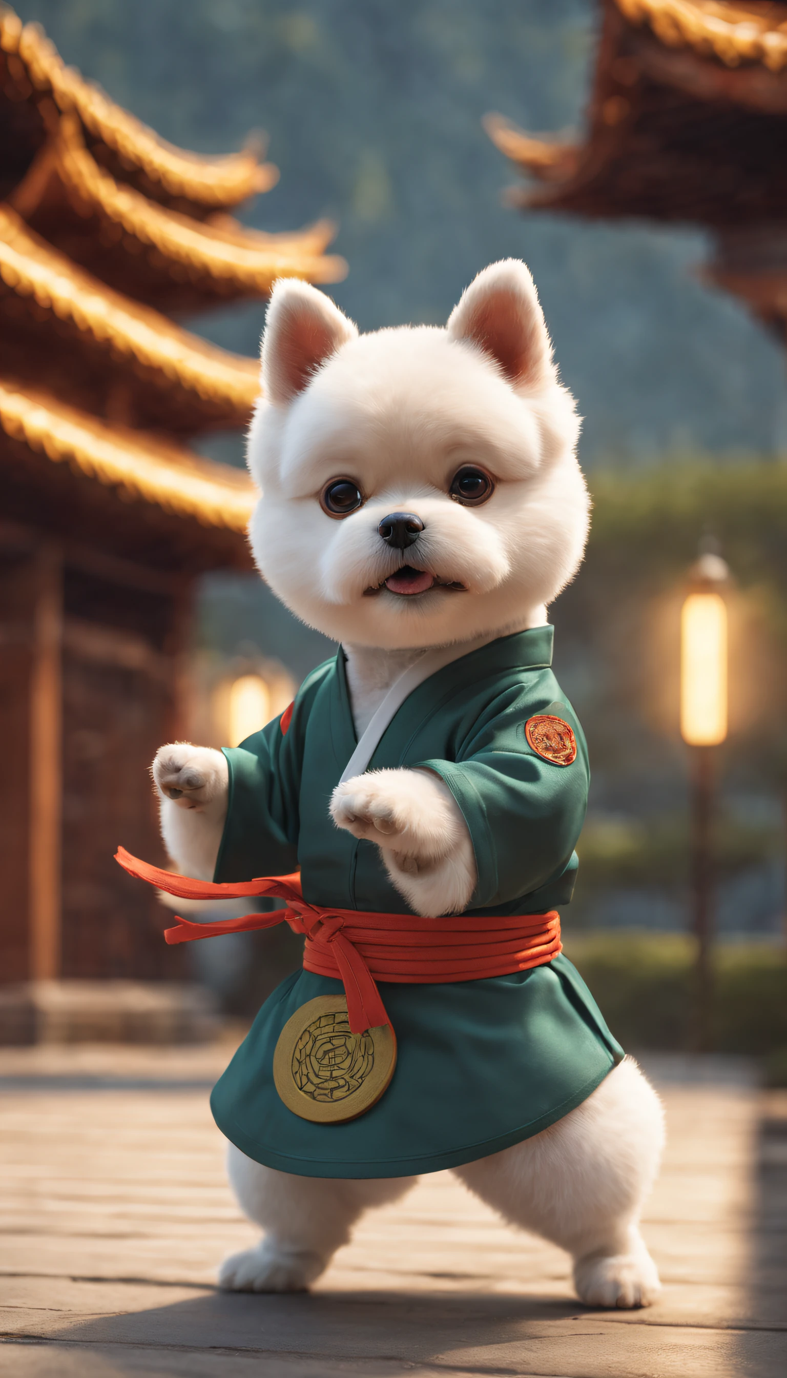 a Kung Fu dog dressed in martial costume，The dog is a teddy dog, The teddy dog is performing Chinese kung fu,The dog should appear skilled and confident in its movements,showcasing its martial arts prowess, a traditional Chinese garden background,to enhance the overall aesthetic,Use lighting an composition to highlight the dog’s agility and grace, capturing a moment that is both dynamic and visually striking, anthropomorphic, movie lighting,light and shade conteast,8k,best quality,super detail,3d art,c4d,The focal of length of the background is 50mm f2.8,octane render,ray tracing,Pixar trend,high details8k,studio lighting,8k, --ar 9:16 --iw 2 --v 5