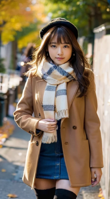 (Photorealistic), (ultra high realistic), (Ultra high definition), (ultra high detailed), (Increase contrast), (Increase saturation), (15yo girl), (light skinned)A pretty woman with perfect figure, Cute face, beautiful expression, (Lifelike face), Beautiful hairstyle, Realistic eyes, beautiful detail, (real looking skin), Beautiful skins, enticing, The ultra -The high-definition, A hyper-realistic, Realistic, Very detailed, Japanese, Semi-long curly hair, Bangs, (Brown hair), (slim figure), (Cute idol of Japan walking in light brown wool coat and knee-high boots, Tartan check)((a miniskirt:1.2,)) Burberry, Burberry Check Scarf:1.3, knit hat, Fall Winter 2023-2024), (), Gentle smile, Brown hair, ( earrings ), (Supermodel Figures), From below:1.3, In a row of ginkgo trees, Long, Magnificent ginkgo trees lined with autumn leaves on both sides of the road, Autumn, golden leaves, A road with many fallen leaves that look golden:1.3, Filled with fallen leaves:1.3