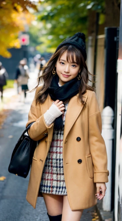 (Photorealistic), (ultra high realistic), (Ultra high definition), (ultra high detailed), (Increase contrast), (Increase saturation), (15yo girl), (light skinned)A pretty woman with perfect figure, Cute face, beautiful expression, (Lifelike face), Beautiful hairstyle, Realistic eyes, beautiful detail, (real looking skin), Beautiful skins, enticing, The ultra -The high-definition, A hyper-realistic, Realistic, Very detailed, Japanese, Semi-long curly hair, Bangs, (Brown hair), (slim figure), (Cute idol of Japan walking in light brown wool coat and knee-high boots, Tartan check)((a miniskirt:1.2,)) Burberry, Burberry Check Scarf:1.3, knit hat, Fall Winter 2023-2024), (), Gentle smile, Brown hair, ( earrings ), (Supermodel Figures), From below:1.3, In a row of ginkgo trees, Long, Magnificent ginkgo trees lined with autumn leaves on both sides of the road, Autumn, golden leaves, A road with many fallen leaves that look golden:1.3, Filled with fallen leaves:1.3