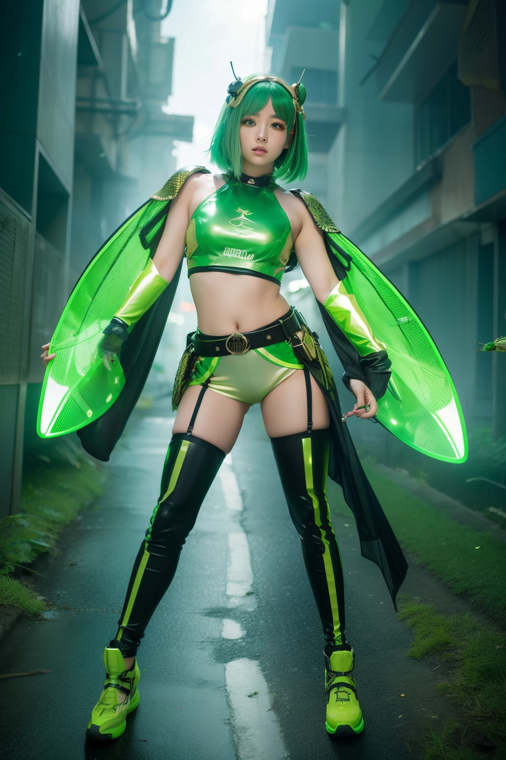 Female idol hero covered in grasshoppers、full body Esbian、、Cyberpunk fashion covered in grasshoppers(shiny green and gold)、Luminescent、Light green hair、Hero's Belt