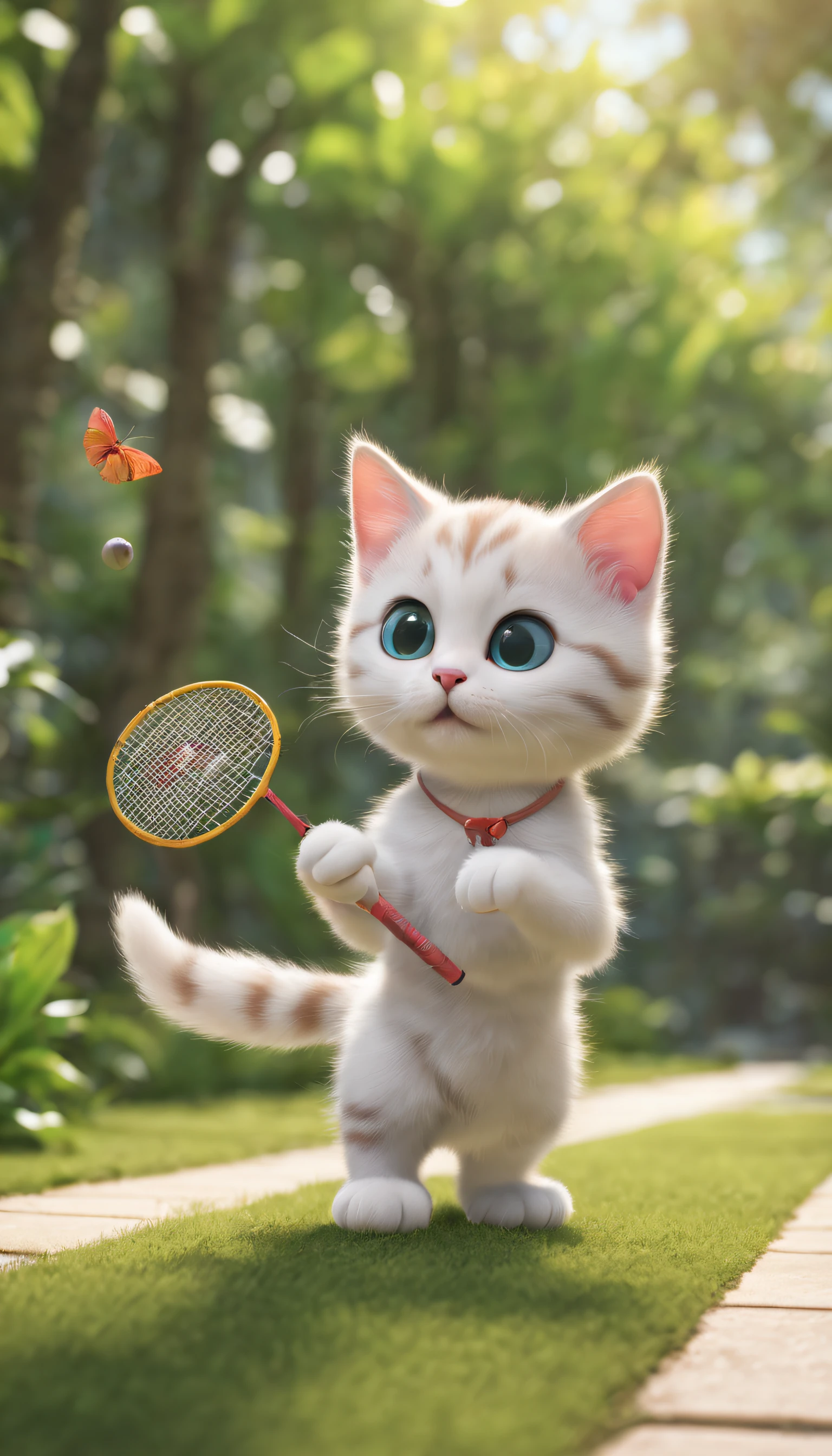 Kitten is playing badminton， tropical garden, pixar-style, 3D, Depth of field--ar 9:16