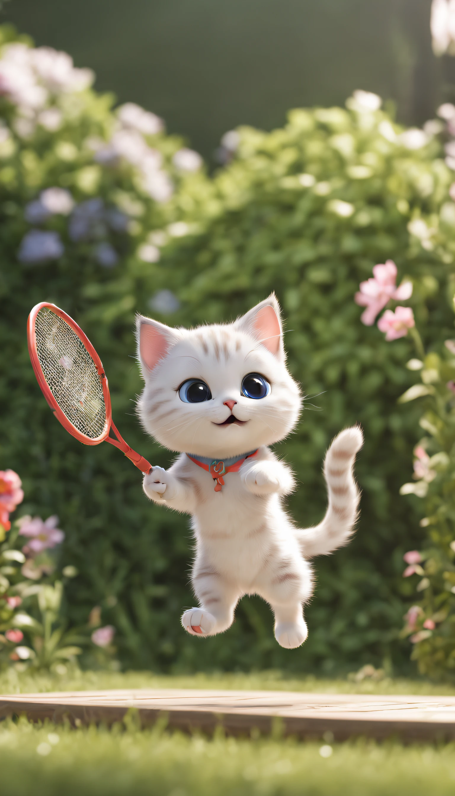 The kitten is jumping and playing badminton, trpical garden, pixar-style, 3D, Depth of field--ar 9:16