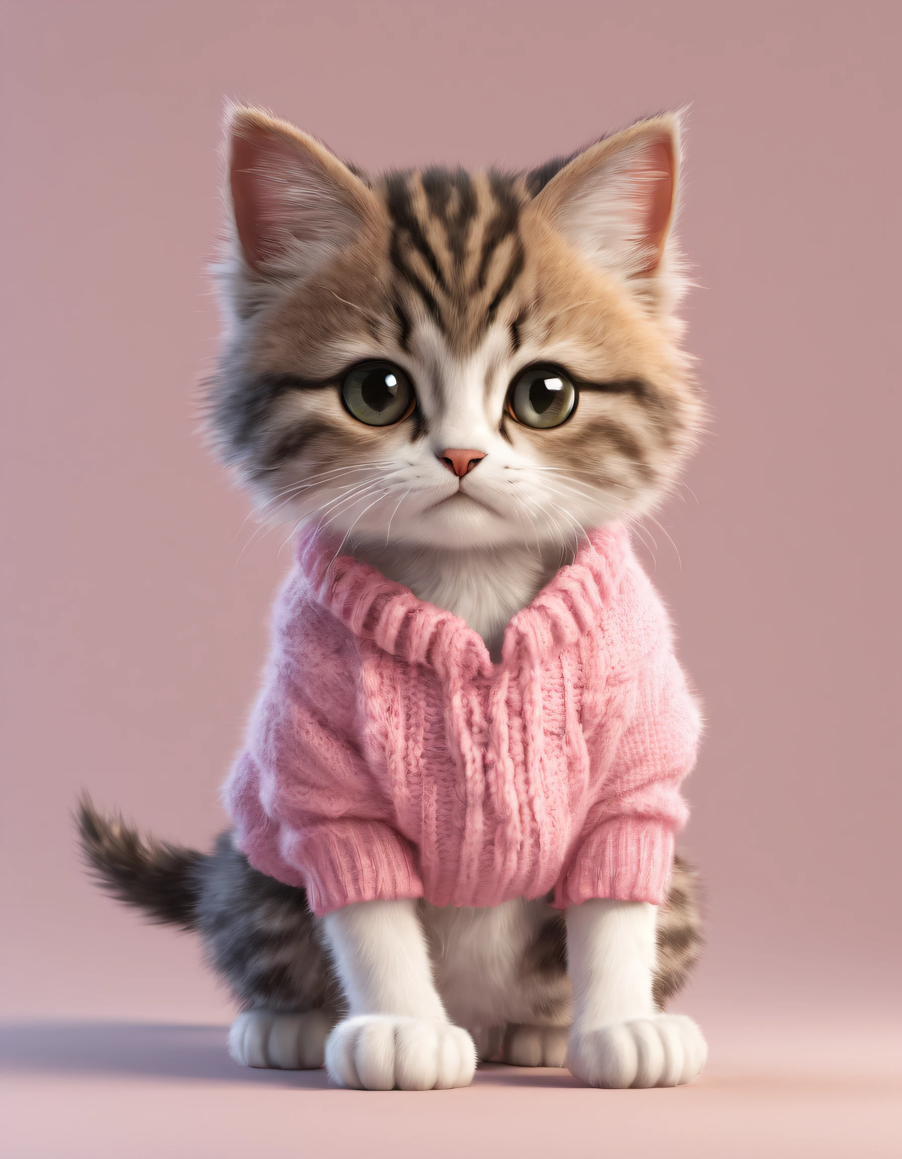 Full body 3d render of a cute little cat with a pink sweater, sharp focus, ultra photorealistic, fluffy, unreal engine 5 quality render, 3D render, furry art, --ar 2:3 --q 2 50 --v 5 --s 2