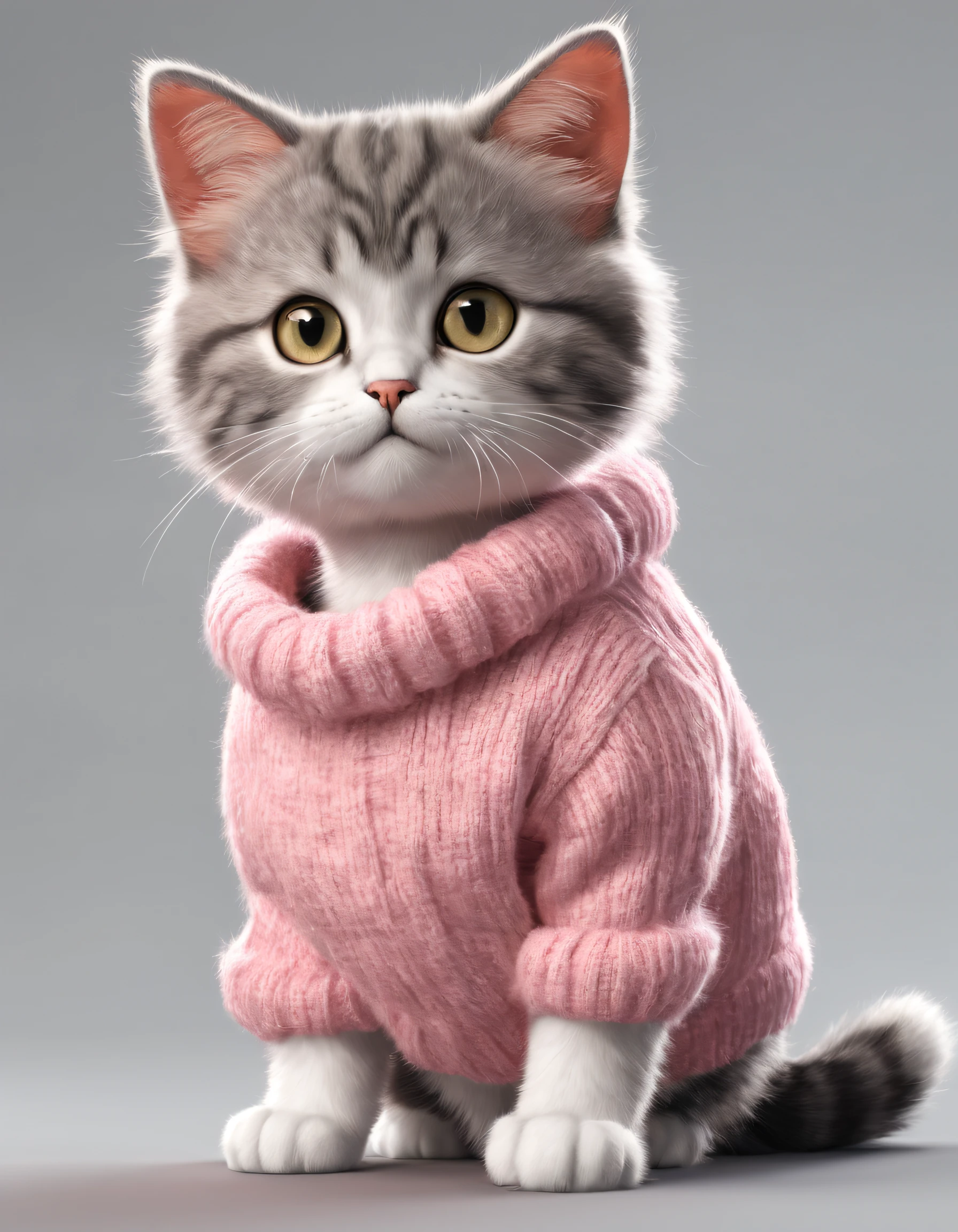 Full body 3d render of a cute little cat with a pink sweater, sharp focus, ultra photorealistic, fluffy, unreal engine 5 quality render, 3D render, furry art, --ar 2:3 --q 2 50 --v 5 --s 2