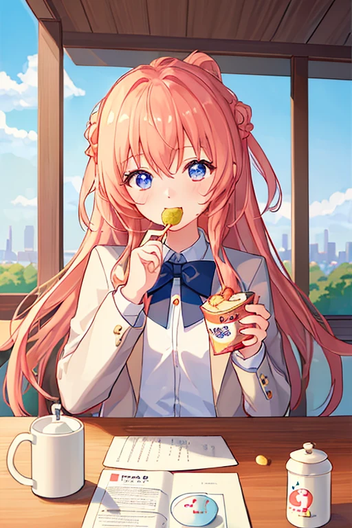 (8K、top-quality、top-quality、masterpiece、ighly detailed: 1.2)、 1 人、The upper part of the body、femele、cute little、full of shyness、half laugh、at noon、 Looking at the front、Looking at the camera、wearing a blazer、Eating lunch on the rooftop、description of lunch box