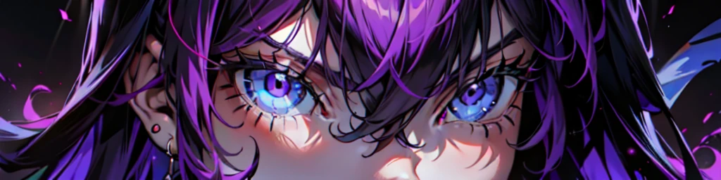 cabello negro, 8k, Super detail, solo los ojos, an image of neon purple eyes, una mirada atrevida, a look of defiance, una mirada divina, lentes redondos oscuros, His eyes shine behind the glasses..., insolencia, waifu, Rostro femenino, Ultra detalle, Attention to detail, long eyeslashes, flequillo, perfect illustration, Digital illustration, Su rostro cubre todo el lienzo.., cerrar, centrado en sus ojos, hiper primer plano, neon purple iris, purple eyes that highlight the neon color, ojos brillantes, Hyperperfect facial anatomy, proporciones perfectas, ojos correctamente colocados, su oreja izquierda esta descubierta, while his right ear is covered by his hair, mirando hacia arriba