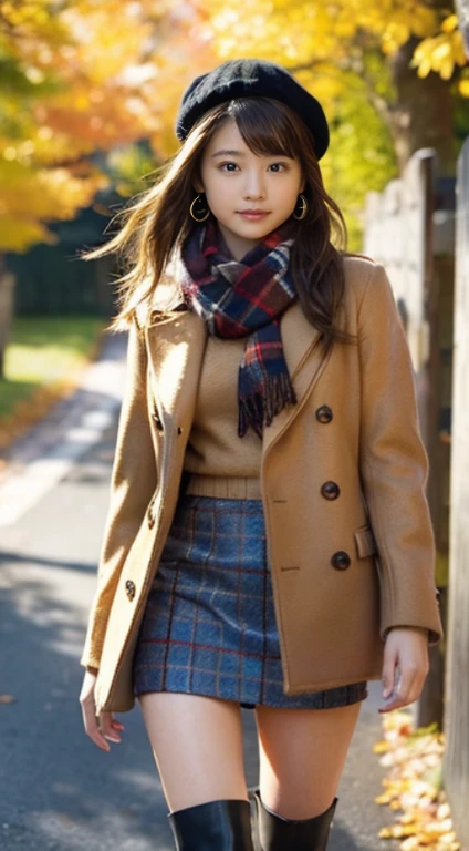 (Photorealistic), (ultra high realistic), (Ultra high definition), (ultra high detailed), (Increase contrast), (Increase saturation), (15yo girl), (light skinned)A pretty woman with perfect figure, Cute face, beautiful expression, (Lifelike face), Beautiful hairstyle, Realistic eyes, beautiful detail, (real looking skin), Beautiful skins, enticing, The ultra -The high-definition, A hyper-realistic, Realistic, Very detailed, Japanese, Semi-long curly hair, Bangs, (Brown hair), (slim figure), (Cute idol of Japan walking in light brown wool coat and knee-high boots, Tartan check)((a miniskirt:1.2,)) Burberry, Burberry Check Scarf:1.3, knit hat, Fall Winter 2023-2024), (), Gentle smile, Brown hair, ( earrings ), (Supermodel Figures), From below:1.3, In a row of ginkgo trees, Long, Magnificent ginkgo trees lined with autumn leaves on both sides of the road, Autumn, golden leaves, A road with many fallen leaves that look golden:1.3, Filled with fallen leaves:1.3