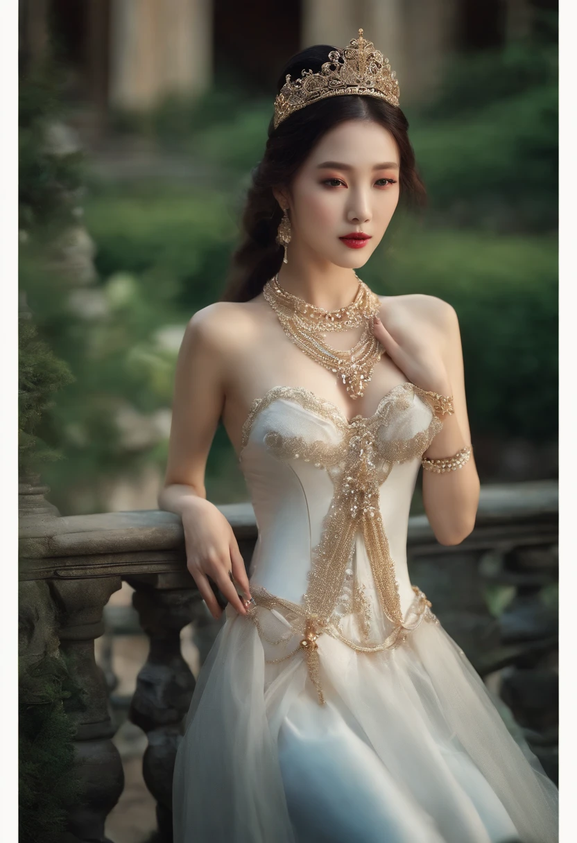 fashion editorial, realism, erotic korean model, different cinematic model positions, very beautiful high detailed face and body, Princess in Sisi Style chain Jewellery gems harness lingerie, stocking, shiny, dynamic lights, ultrarealistic, different cinematic images, Royal Palace, in 1866 playing with a ball in a garden, breathtaking beautiful scene,