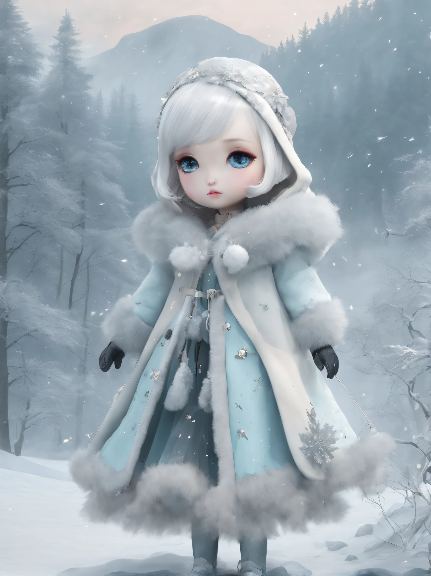 Cute kawaii ethereal glacier theme winter fashion, Yoshitomo Nara、Ray Caesar、Liu Ye Design, magical scenic misty foggy snowy mountain forest environment ❄️🌨️⭐️🌟✨ --v 4 --ar 2:3 --c 50 --s 1000