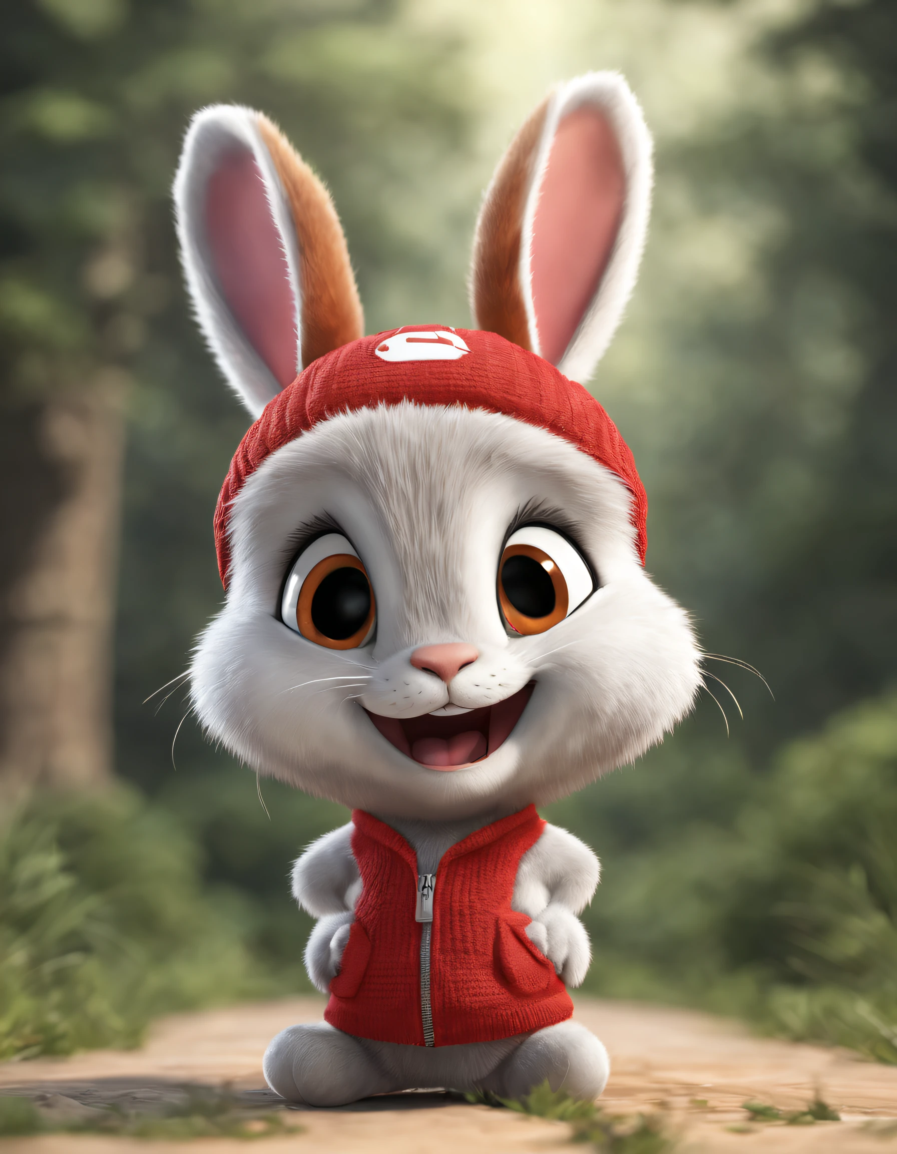 A cute furry anthropomorphic rabbit cub, cub, wearing a red sports sweater and baseball cap, sports shoes, smiling, bright eyes, good pupil, symmetrical ears, complex, fur details, whole body, soft film lighting, white background, octahedral rendering, ultra-realistic, 16k, high-quality, Pixar is not real, - g2-v4
