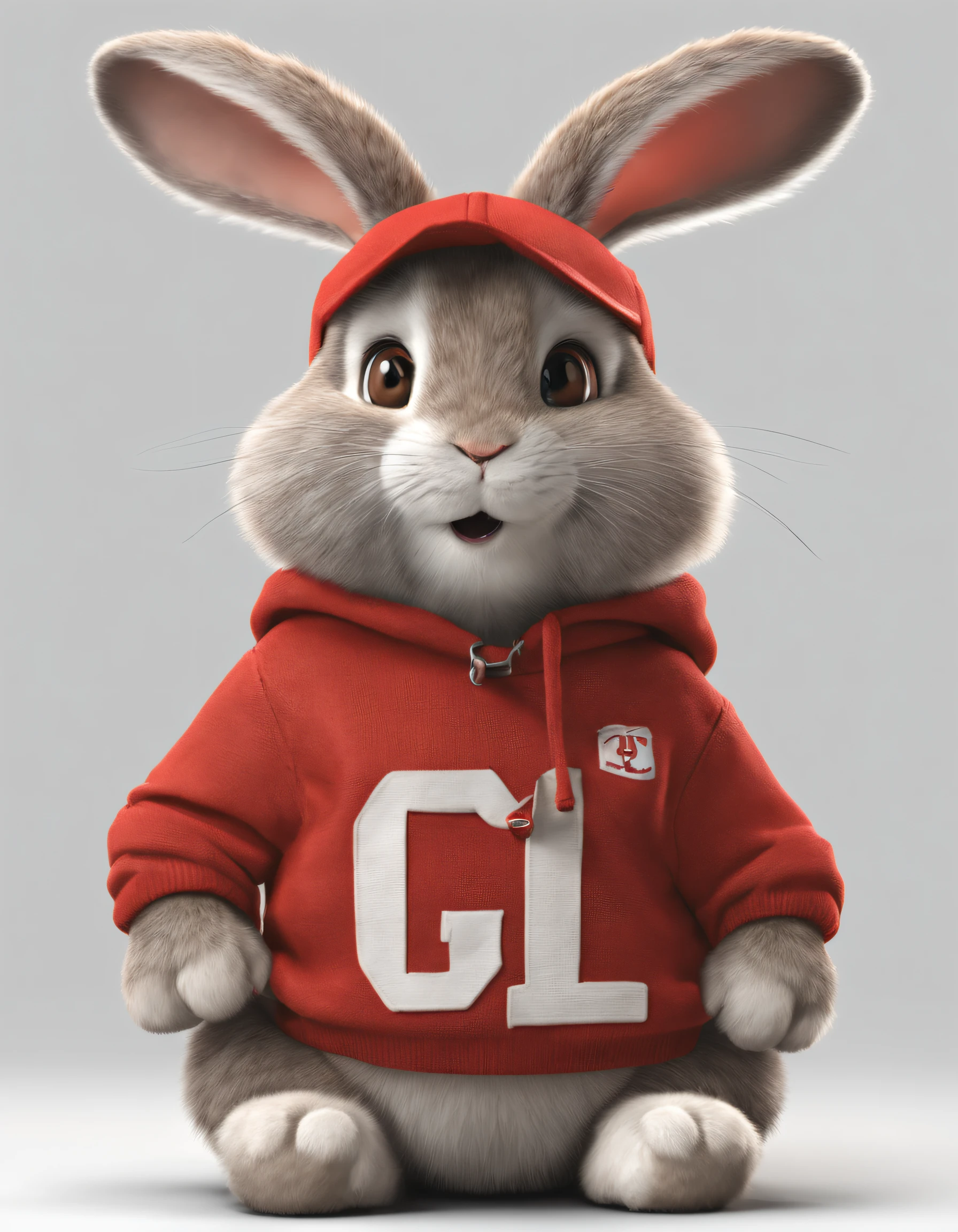 A cute furry anthropomorphic rabbit cub, cub, wearing a red sports sweater and baseball cap, sports shoes, smiling, bright eyes, good pupil, symmetrical ears, complex, fur details, whole body, soft film lighting, white background, octahedral rendering, ultra-realistic, 16k, high-quality, Pixar is not real, - g2-v4