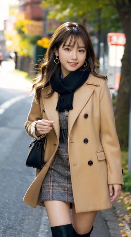 (Photorealistic), (ultra high realistic), (Ultra high definition), (ultra high detailed), (Increase contrast), (Increase saturation), ( girl), (light skinned)A pretty woman with perfect figure, Cute face, beautiful expression, (Lifelike face), Beautiful hairstyle, Realistic eyes, beautiful detail, (real looking skin), Beautiful skins, enticing, The ultra -The high-definition, A hyper-realistic, Realistic, Very detailed, Japanese, Semi-long curly hair, Bangs, (Brown hair), (slim figure), (Cute idol of Japan walking in light brown wool coat and knee-high boots, Tartan check)((a miniskirt:1.2,)) Burberry, Burberry Check Scarf:1.3, knit hat, Fall Winter 2023-2024), (), Gentle smile, Brown hair, ( earrings ), (Supermodel Figures), From below:1.3, In a row of ginkgo trees, Long, Magnificent ginkgo trees lined with autumn leaves on both sides of the road, Autumn, golden leaves, A road with many fallen leaves that look golden:1.3, Filled with fallen leaves:1.3