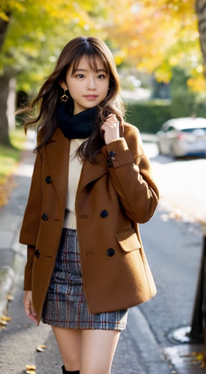 (Photorealistic), (ultra high realistic), (Ultra high definition), (ultra high detailed), (Increase contrast), (Increase saturation), ( girl), (light skinned)A pretty woman with perfect figure, Cute face, beautiful expression, (Lifelike face), Beautiful hairstyle, Realistic eyes, beautiful detail, (real looking skin), Beautiful skins, enticing, The ultra -The high-definition, A hyper-realistic, Realistic, Very detailed, Japanese, Semi-long curly hair, Bangs, (Brown hair), (slim figure), (Cute idol of Japan walking in light brown wool coat and knee-high boots, Tartan check)((a miniskirt:1.2,)) Burberry, Burberry Check Scarf:1.3, knit hat, Fall Winter 2023-2024), (), Gentle smile, Brown hair, ( earrings ), (Supermodel Figures), From below:1.3, In a row of ginkgo trees, Long, Magnificent ginkgo trees lined with autumn leaves on both sides of the road, Autumn, golden leaves, A road with many fallen leaves that look golden:1.3, Filled with fallen leaves:1.3