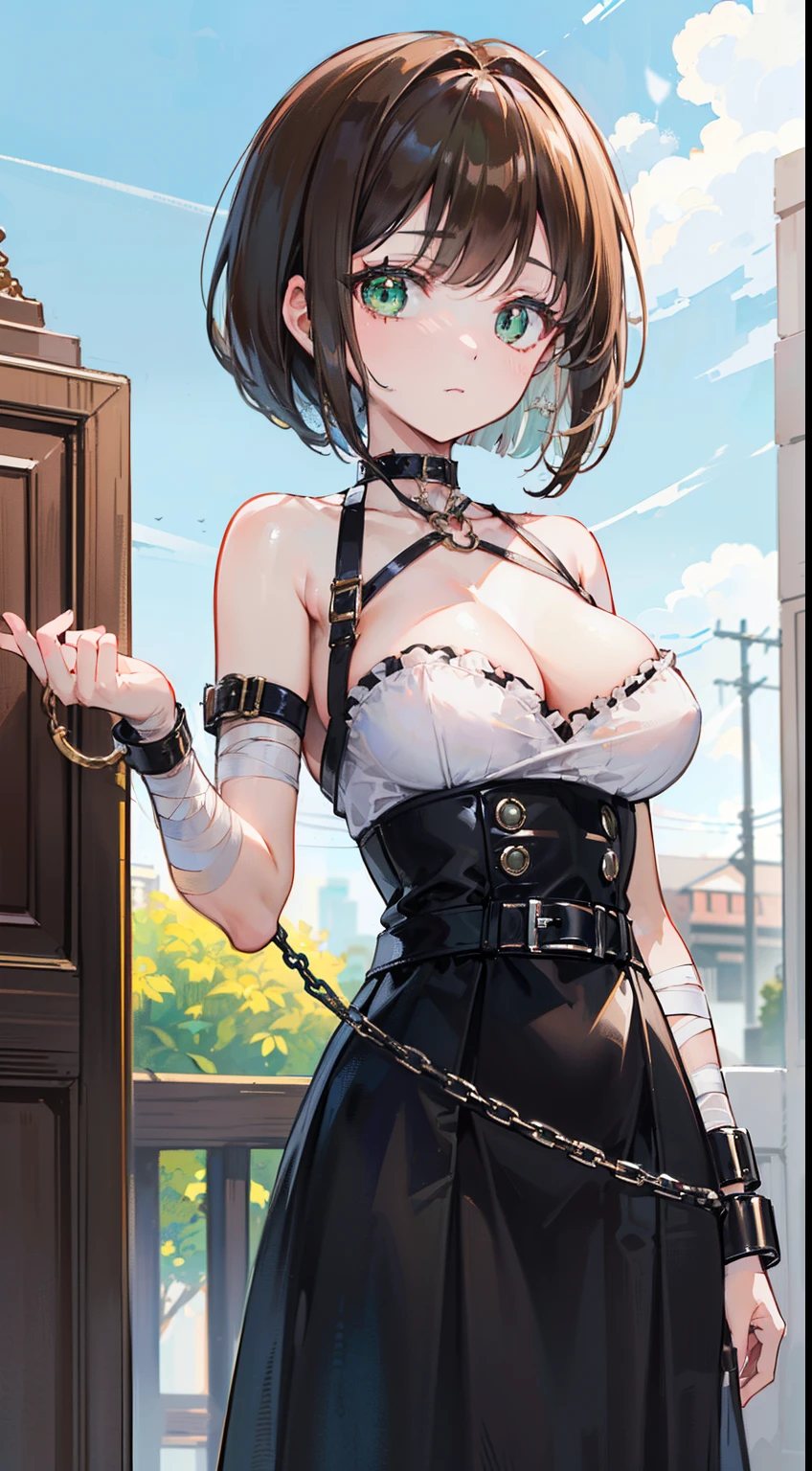 (top-quality、masterpiece、high-level image quality、Super delicate)、((a beauty girl))、(Silky mocha brown gradation hair)、(straight elegant medium bob、Long bangs)、(Brainwashed, sky green eyes)、a choker、Moderately large breasts、((Traveler's Costume))、((Cuffed))、Straight face、she was a slave、 ((Brainwashing hypnosis))、bandaged