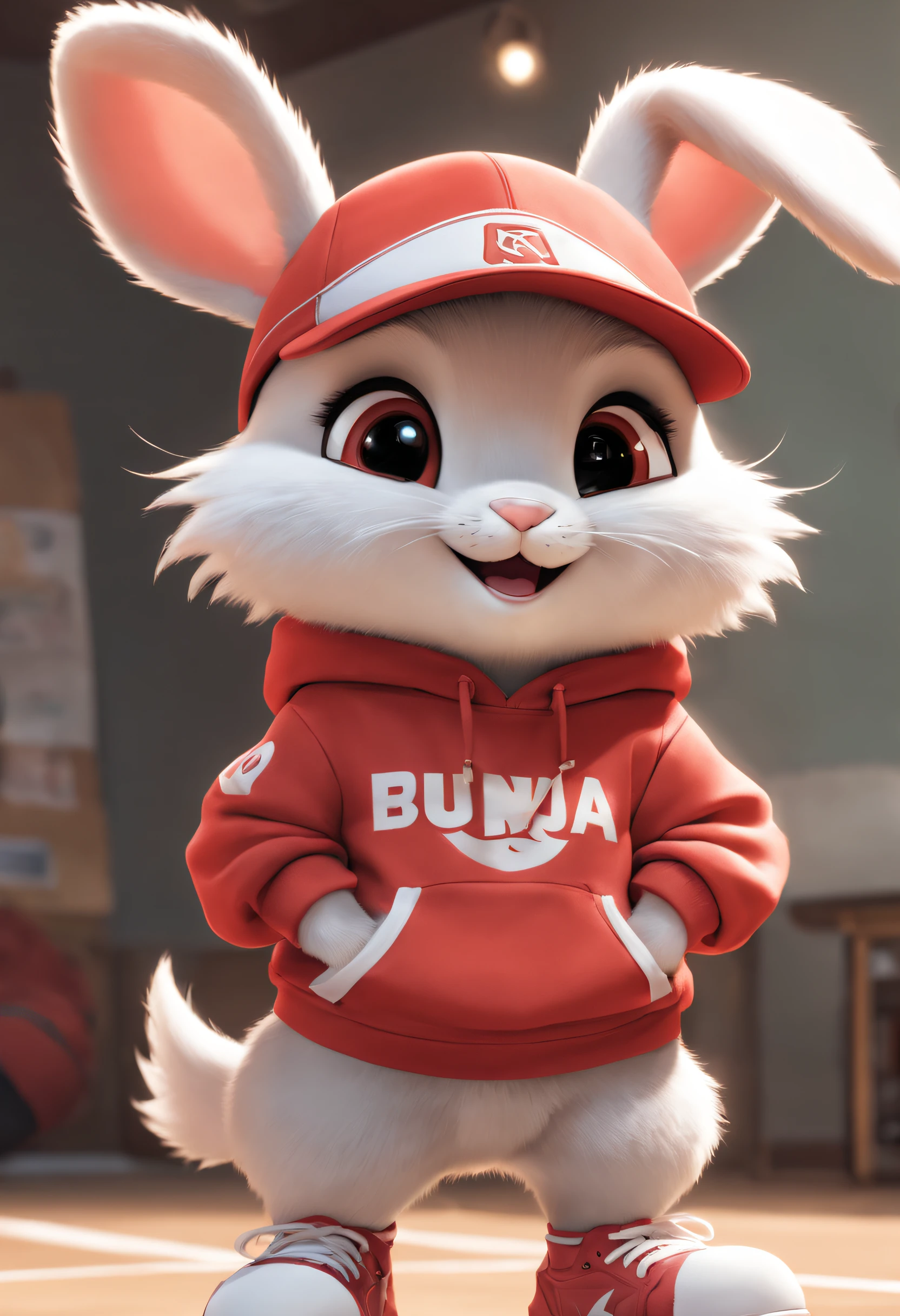 A cute furry anthropomorphic bunny cub, cub, Wearing a red sweatshirt and baseball cap, athletic sneakers, Smiling, eyes with brightness, Good student, symmetrical ears, Complex, Fur details, full bodyesbian, Soft film lighting, white backgrounid, Octahedral rendering, Surreal, 16k, high qulity, Pixar is not real, - g2-v4