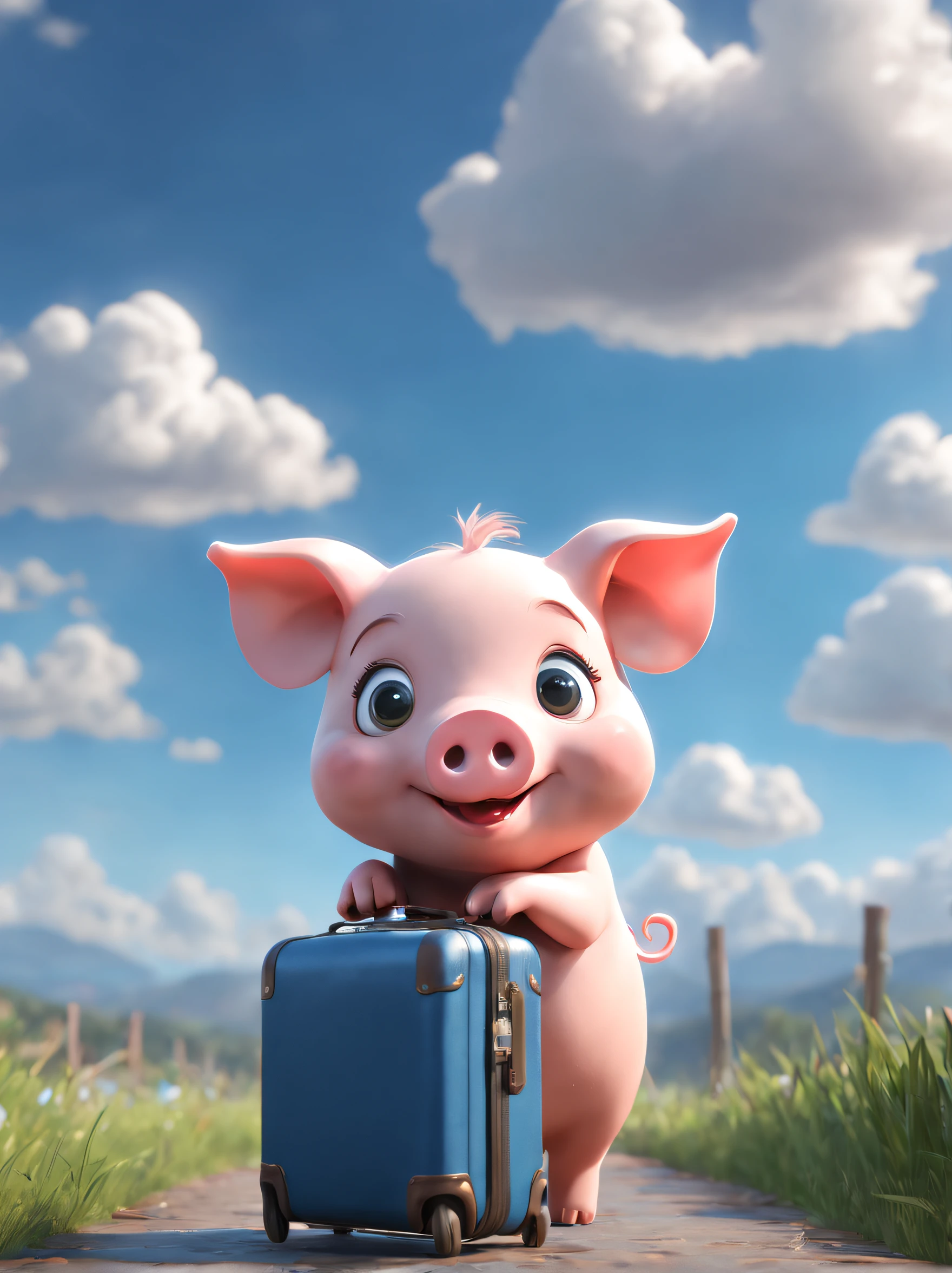 Pixar style, a cute little pig, takes a suitcase home, blue sky and white clouds, bright big eyes, lovely smile,octane render, unreal engine 5, artstation style, 8K, detailed, high detailed --v 4 --q 2