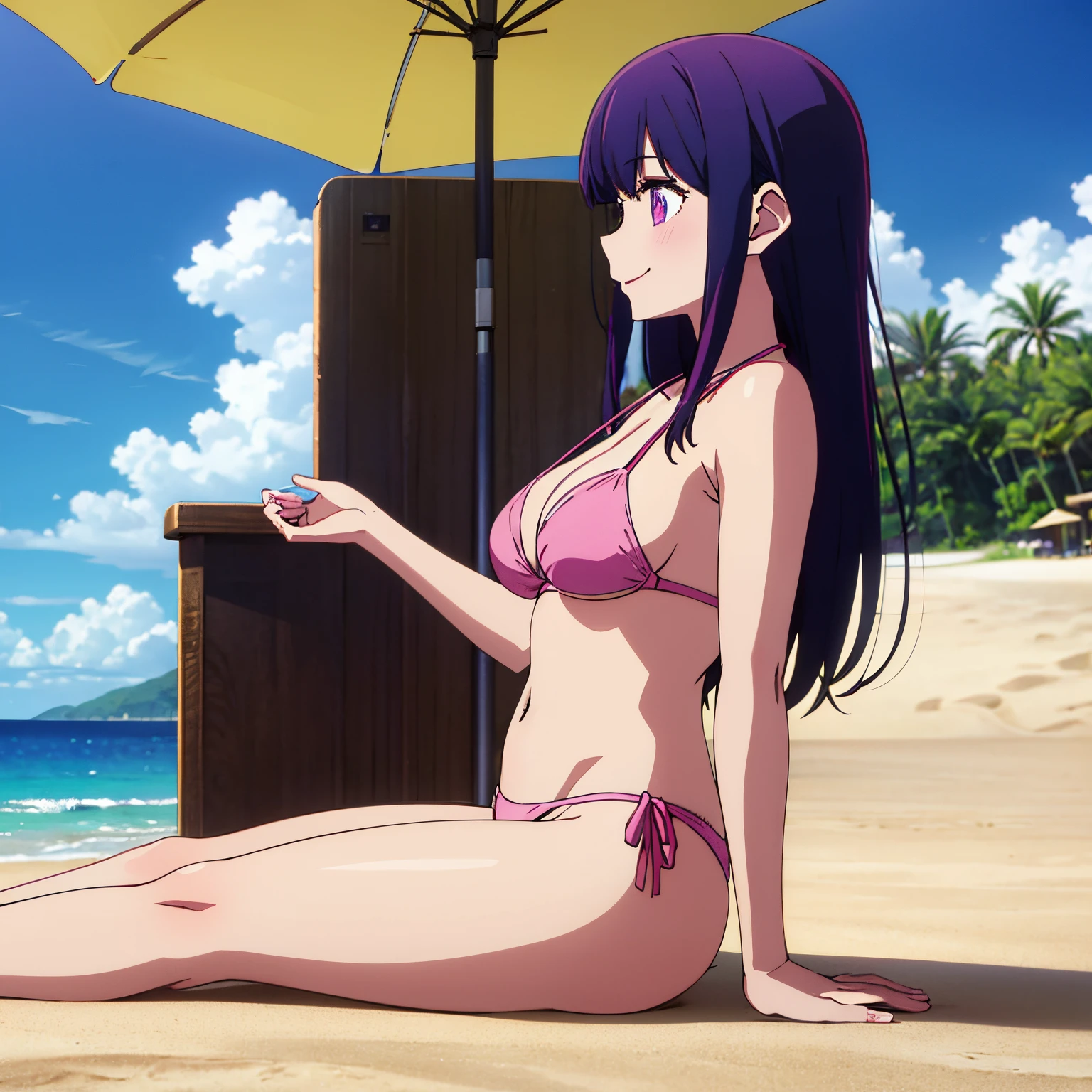 pov (front view), Masterpiece, Best quality, Ai Hoshino, 1 girl, alone, long hair, purple hair, purple eyes, six-pointed star pupils, bikini, light pink bikini, light pink bra, pink thong of course, legs crossed, sitting, sitting on the sand, beach, sea, mouth closed, big tits, looking sideways, wide thighs, medium hips, bikini, smile, makeup, embarrassed