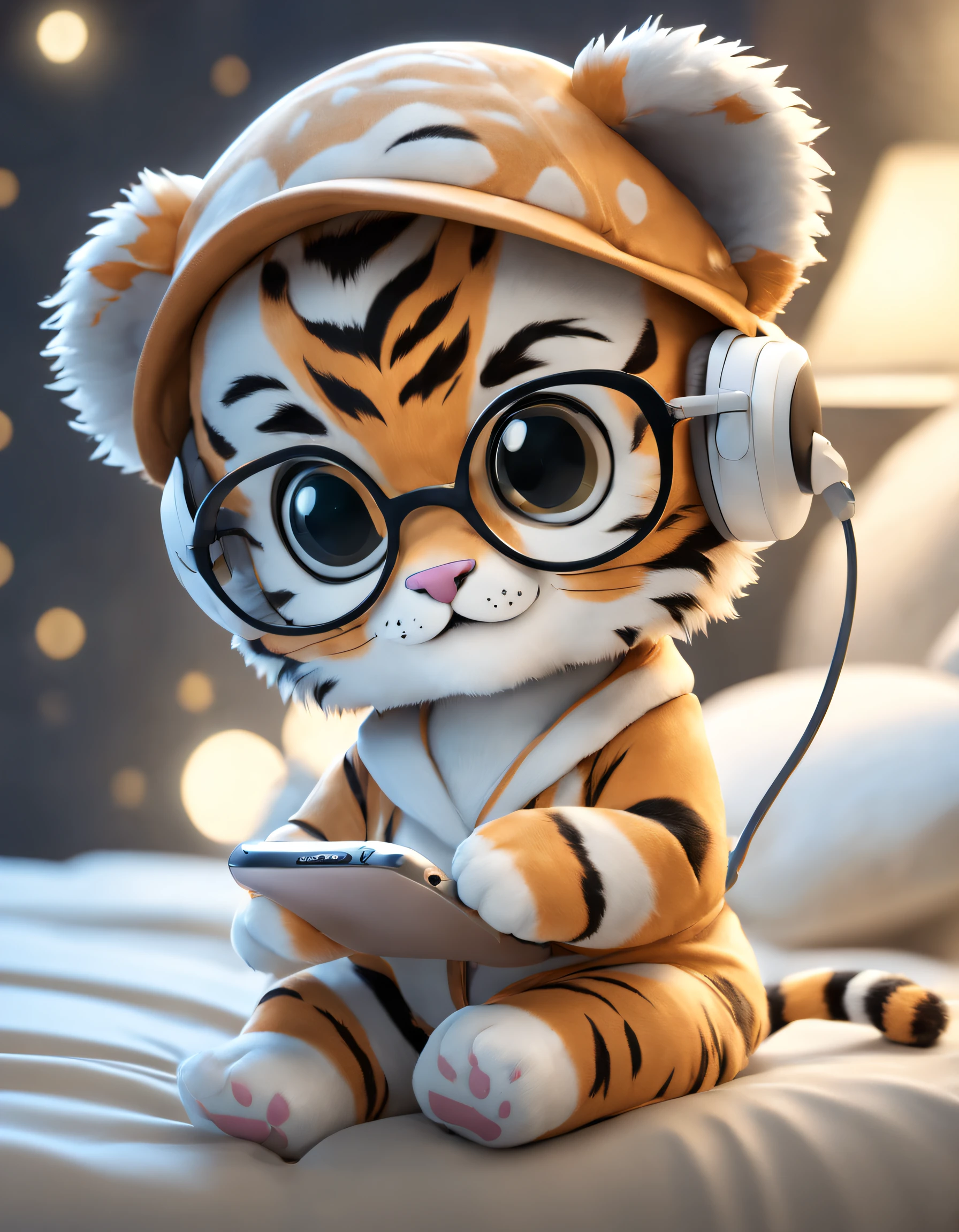 At night, a cute baby tiger on the bedwearing in hat pajamas and glasses, anthropomorphic, mobile phone and earphones, with soft light, ultra-high definition and details --q 2 --v 4