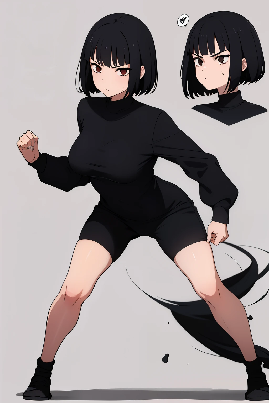 Cute girl,black hair pulled up, black clothes, full body,boy, a young girl, Bangs up, hair standing up, Combat stance, Fighting stance, Hand drawing is better, sexy body, Better eye drawing, finer details, high quality, sexy,