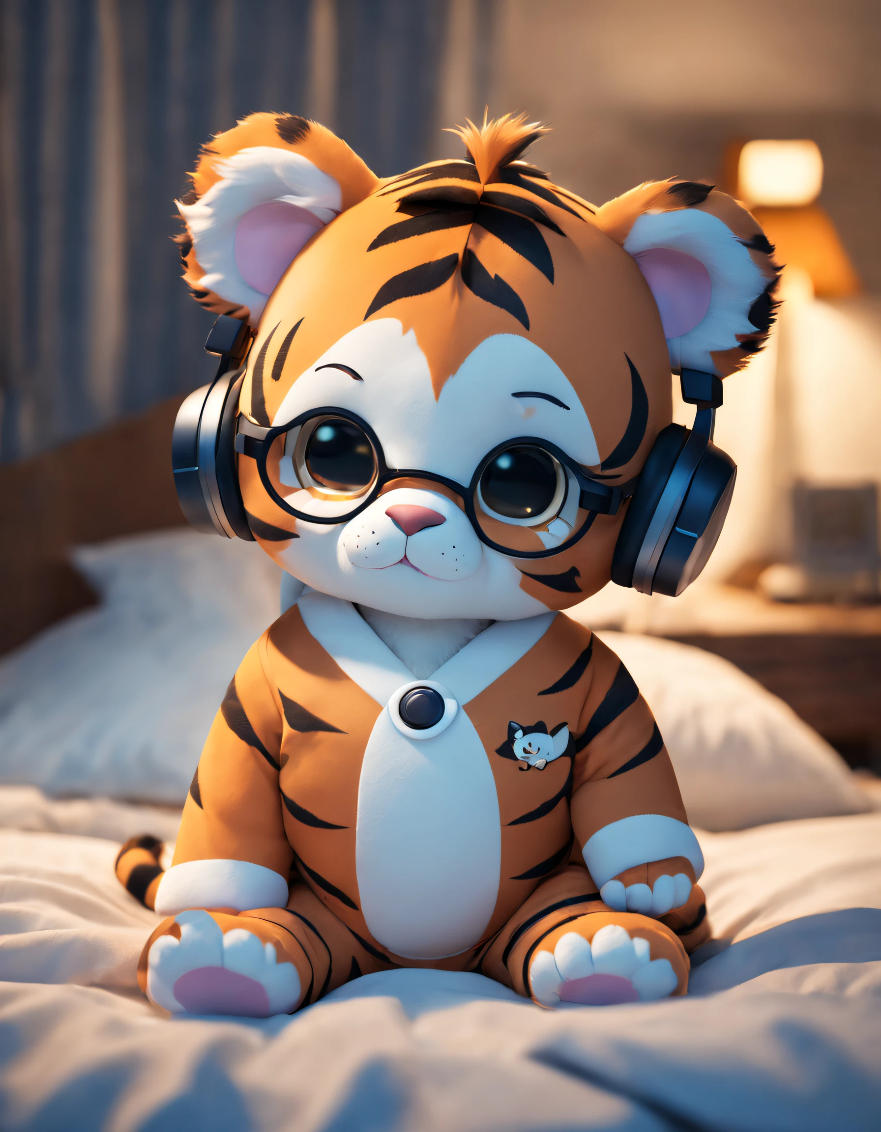 At night, a cute tiger is lying on the bedwearing in pajamas, glasses, anthropomorphic, mobile phone and headphones, with soft light, ultra-high definition and details --q 2 --v 4