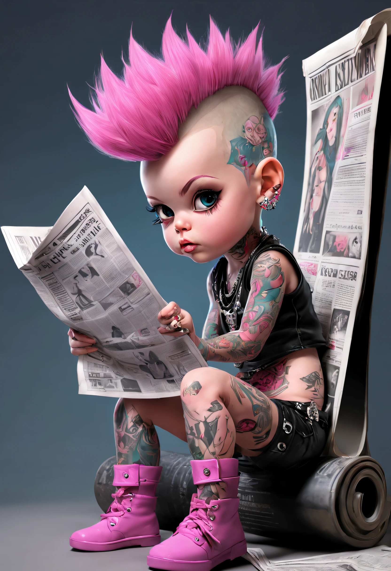 tattooed punk baby with pink mohawkreading a newspaper, fantasy pin-up --v 4 --ar 2:3