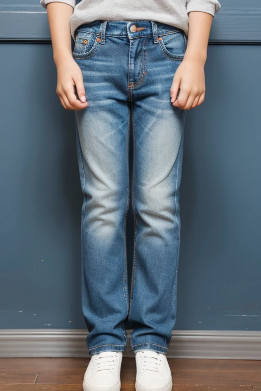 A boy pulling on the hem of his jeans.