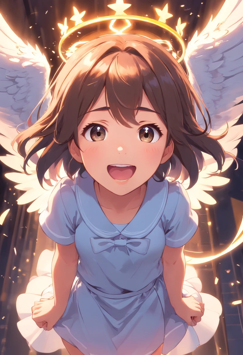 Cute little princess girl, young, open mouth, mean laugh, schoolgirl outfit, looking at viewer, from below, crown, angel wings,