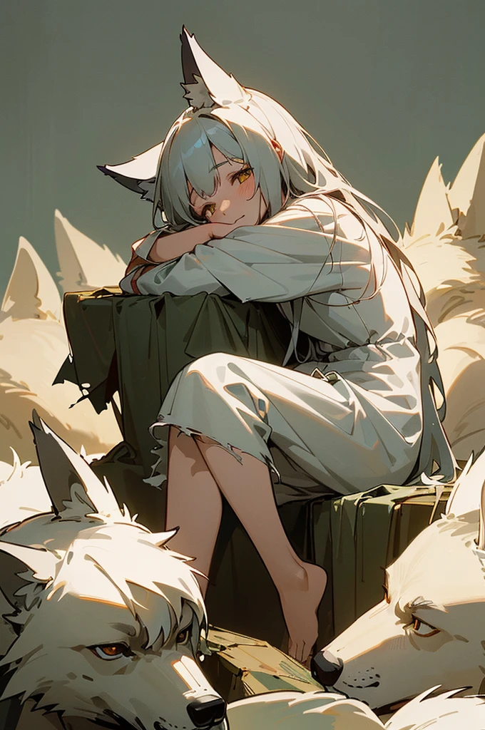 ​masterpiece、top-quality、ultra-detailliert、high-resolution illustrations、Ultra-high-definition CG、8k size wallpaper、offcial art、production art、Skin quality improvement、(Simple clothes that are torn or torn:1.3)、(1 Wolf)、(A wolf girl raised by wild wolves)、(sit next to the wolf:1.3)、(hugging a wolf:1.3)、happly、Primary forest