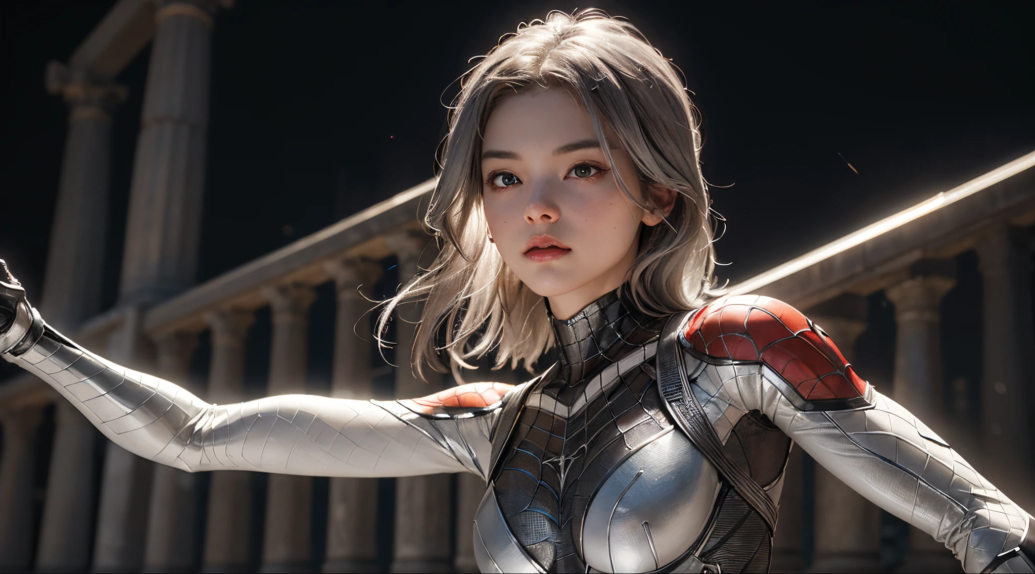 (Extreme Detail CG Unity 8K wallpaper, masterpiece, highest quality), (Exquisite lighting and shadow, highly dramatic picture, Cinematic lens effect), a beautiful girl in a white Spider-Man costume, silver gray hair color, long hair, from the Spider-Man parallel universe, Wenger, Marvel, Spider-Man, in the ancient temple, in the rain, very beautiful face, silver claws, dynamic pose), (excellent detail, excellent lighting, wide angle), (excellent rendego on ancient temple, enough to stand out in its class), focus on white Spider-Man costumes, complex spider textures