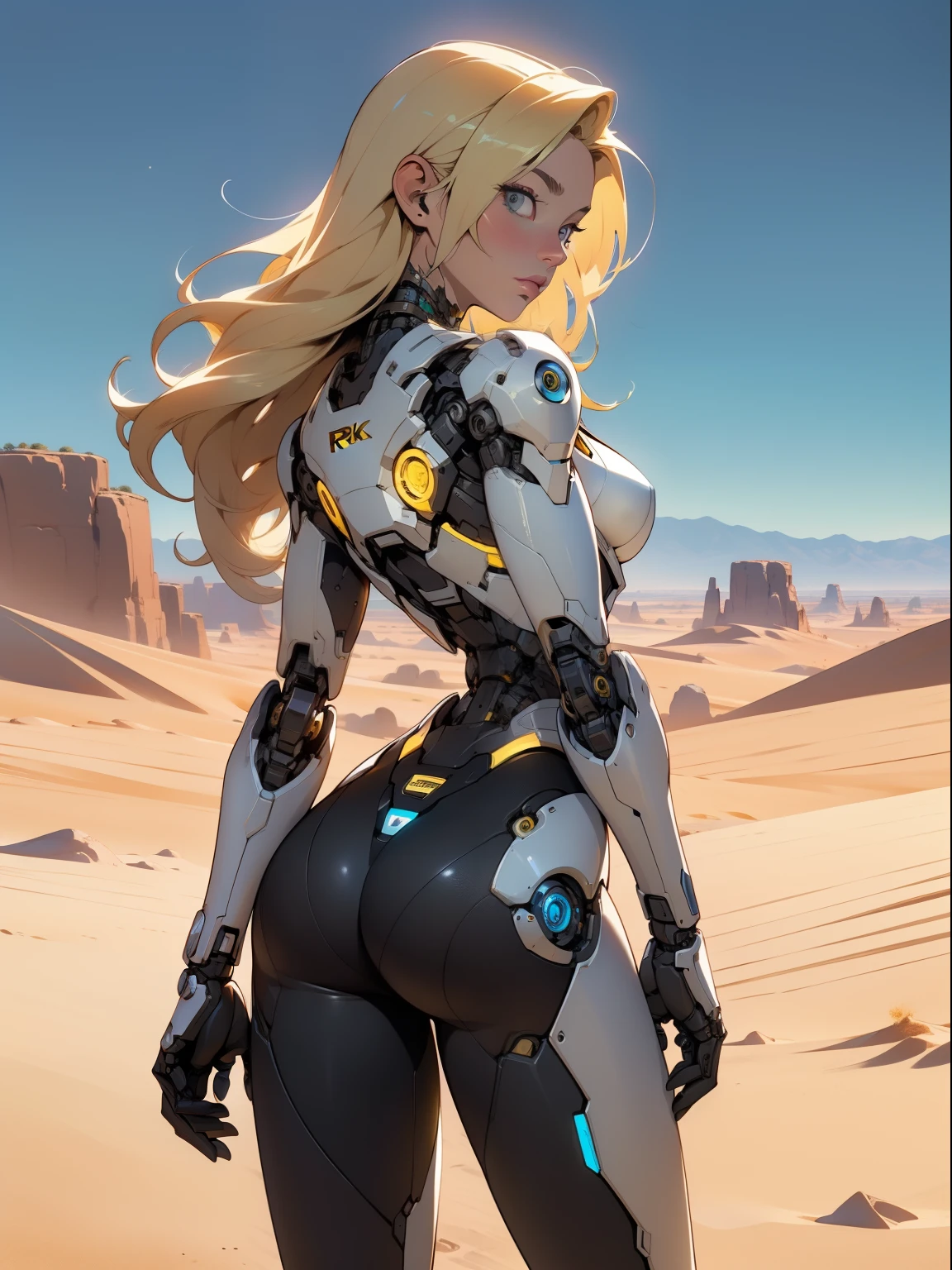 high quality, 4k, masterpiece, beautiful, cyborg girl, cowboy shot, dull eyes, back side, turning around to look at viewer, long blonde hair, girl, small breasts, fit thigh, robotic arms, robotic body, cyborg body, yellow accent, redaccent, intricate detail, joint, detailed lines, robotic detail, holding fist up, holding hand up as fist, color robotic parts, robotic parts with color, perfect fingers, on a desert planet, sunny background, colorful desert,