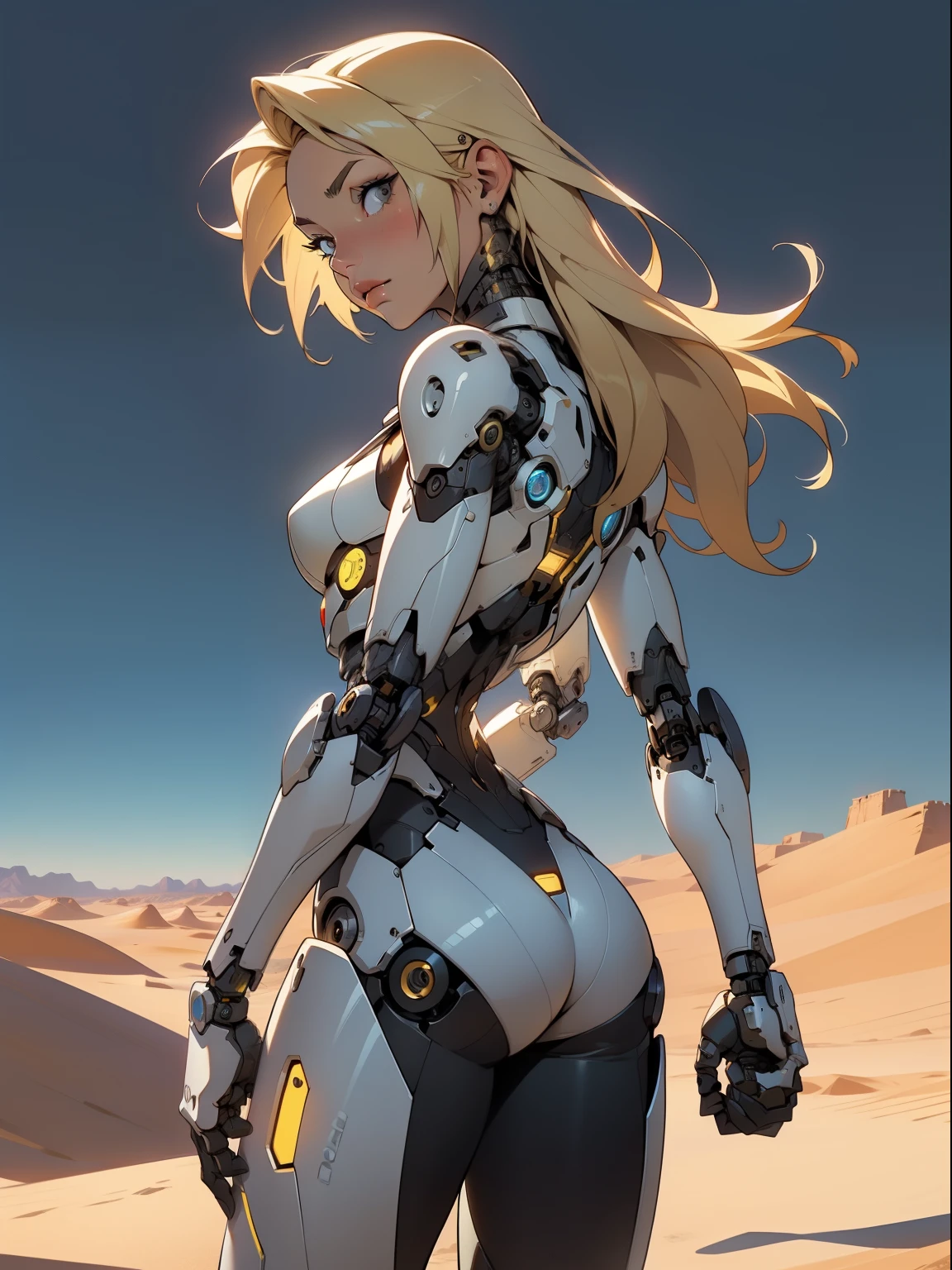 high quality, 4k, masterpiece, beautiful, cyborg girl, cowboy shot, dull eyes, back side, turning around to look at viewer, long blonde hair, girl, small breasts, fit thigh, robotic arms, robotic body, cyborg body, yellow accent, redaccent, intricate detail, joint, detailed lines, robotic detail, holding fist up, holding hand up as fist, color robotic parts, robotic parts with color, perfect fingers, on a desert planet, sunny background, colorful desert,