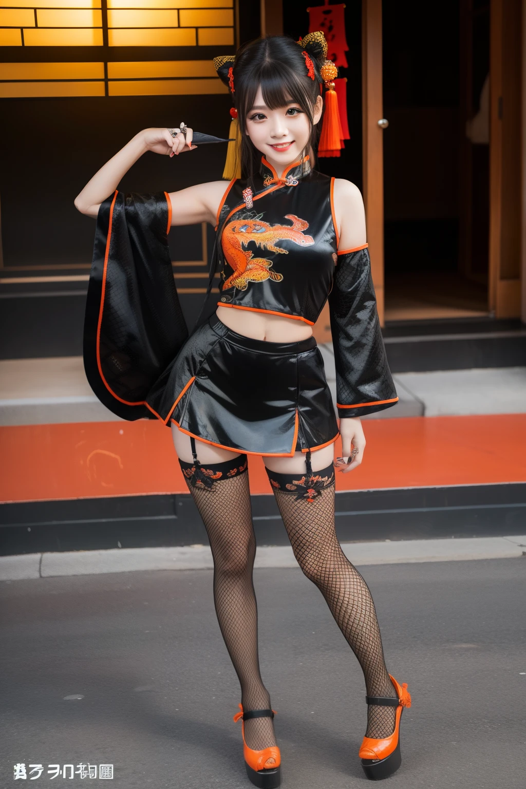 Female idol covered in black lizards、full body Esbian、、Mini cheongsam covered in black lizard（black and orange）、、nice chinese fan、Yokai wind、fishnet tights