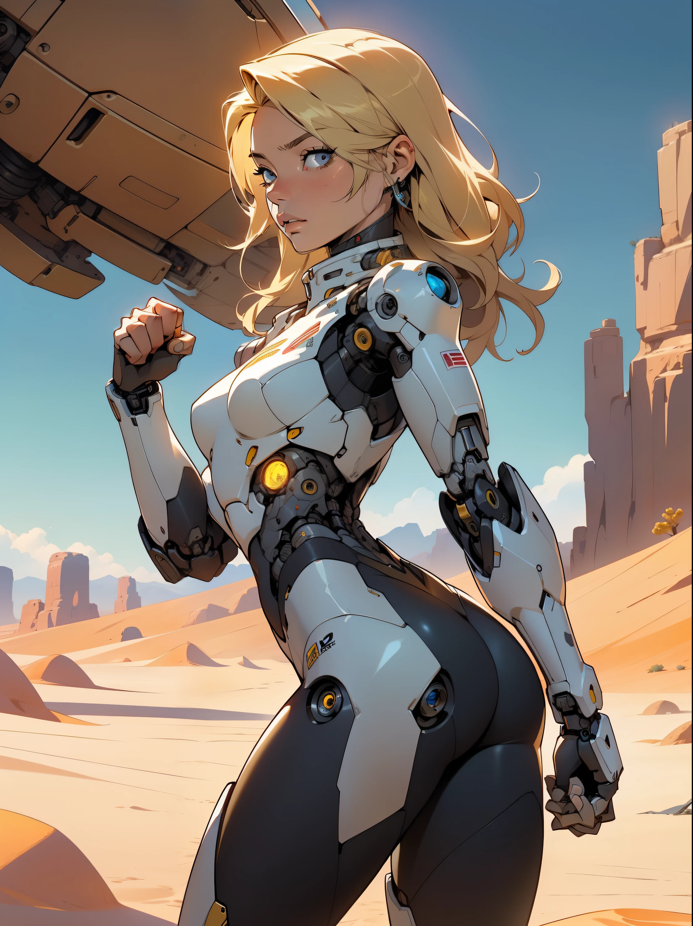 high quality, 4k, masterpiece, beautiful, cyborg girl, cowboy shot, dull eyes, back side, turning around to look at viewer, long blonde hair, girl, small breasts, fit thigh, robotic arms, robotic body, cyborg body, yellow accent, redaccent, intricate detail, joint, detailed lines, robotic detail, holding fist up, holding hand up as fist, color robotic parts, robotic parts with color, perfect fingers, on a desert planet, sunny background, colorful desert,