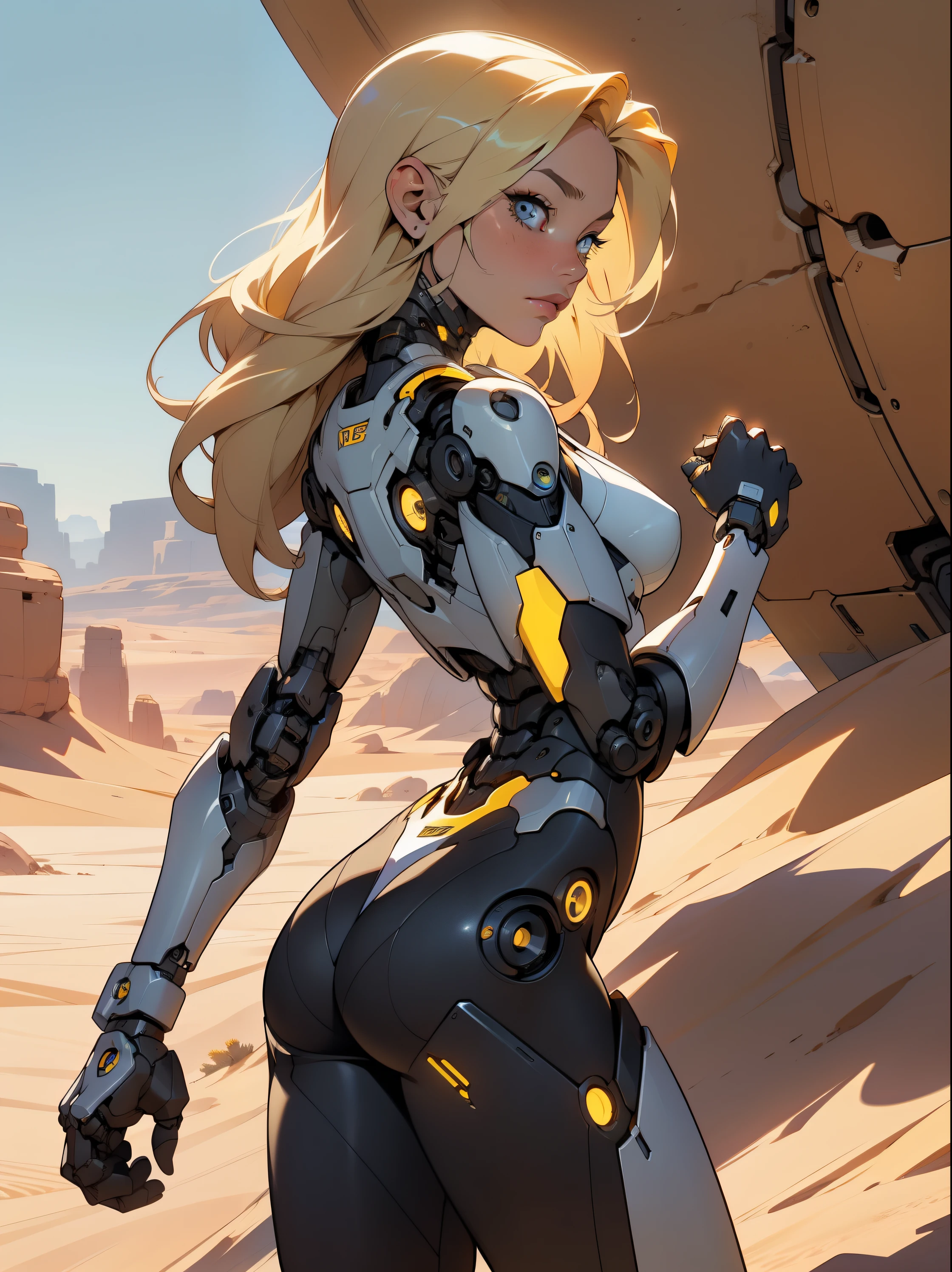 high quality, 4k, masterpiece, beautiful, cyborg girl, cowboy shot, dull eyes, back side, turning around to look at viewer, long blonde hair, girl, small breasts, fit thigh, robotic arms, robotic body, cyborg body, yellow accent, redaccent, intricate detail, joint, detailed lines, robotic detail, holding fist up, holding hand up as fist, color robotic parts, robotic parts with color, perfect fingers, on a desert planet, sunny background, colorful desert,