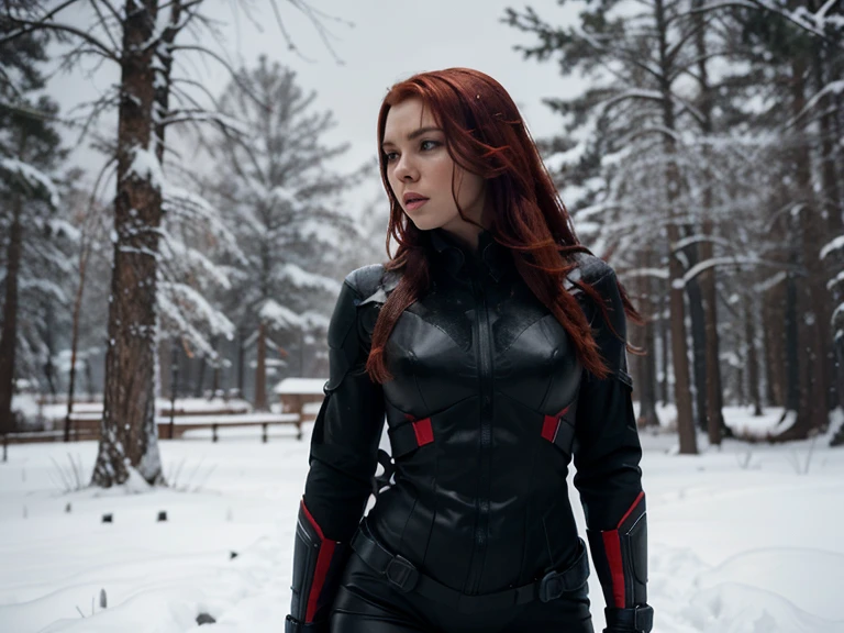 Generate an evocative image of Black Widow in a snowy landscape. Request a dynamic pose that conveys both strength and stealth, with attention to her signature red hair and black suit standing out against the white snow. Consider incorporating subtle details like falling snowflakes or shadows to enhance the atmospheric feel. Specify the mood you desire, whether it's a quiet and contemplative scene or an intense moment of action in the wintry setting.